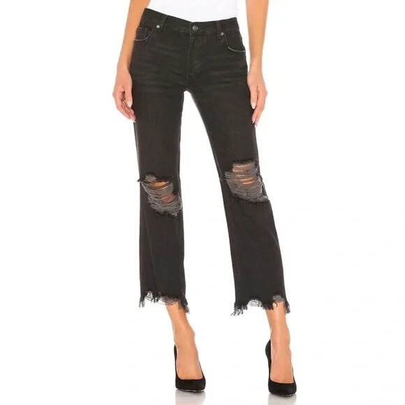 NWOT We The Free Maggie Mid-Rise Cropped Distressed Jeans Women Black SZ 29