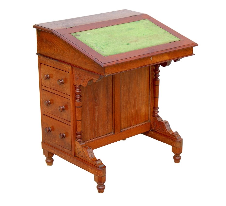 Antique 1860s Victorian Walnut Davenport Writing Desk English Green Baize Top