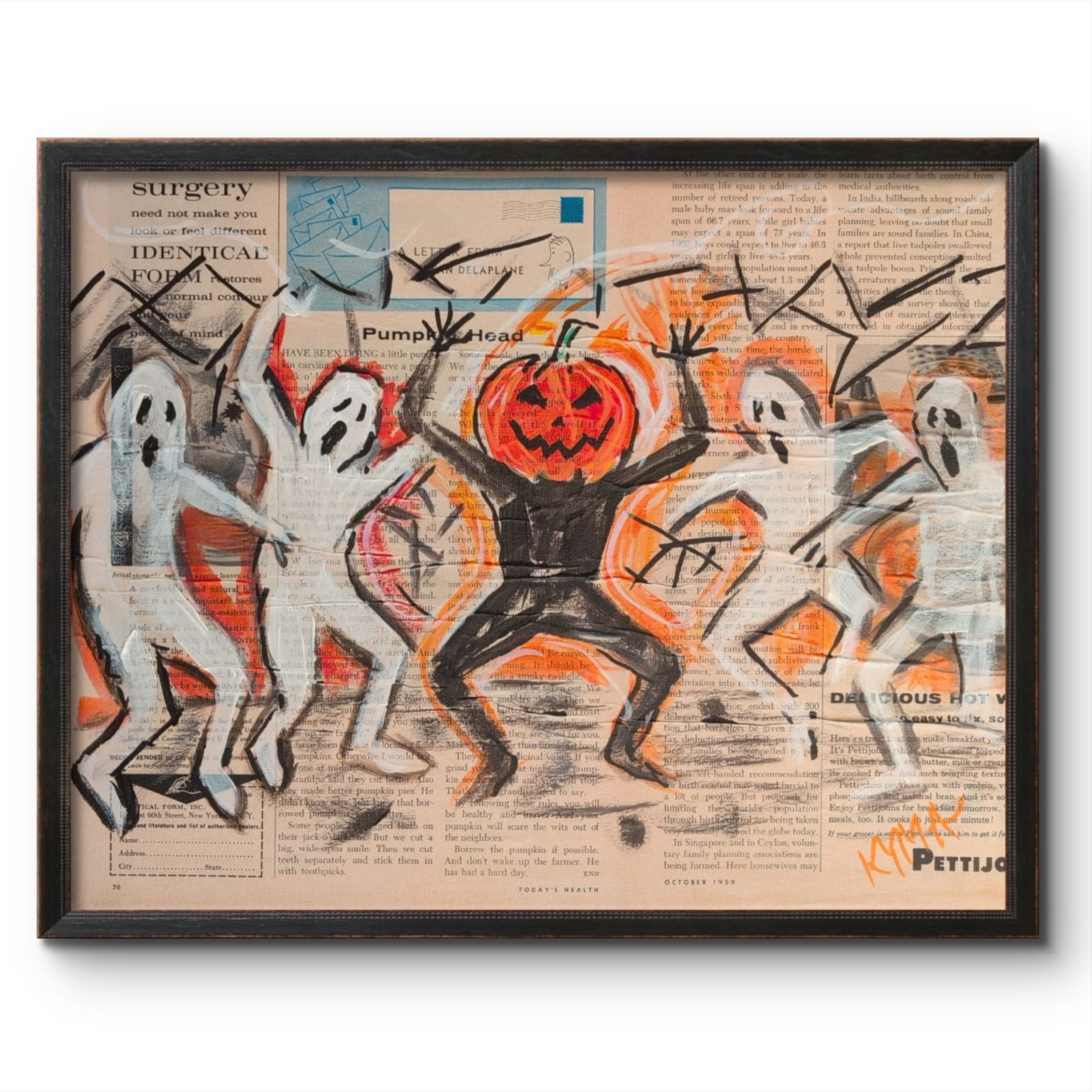 KYMA Original 11x14 Expressionist Halloween Pumpkin Head Dancing Painting Signed