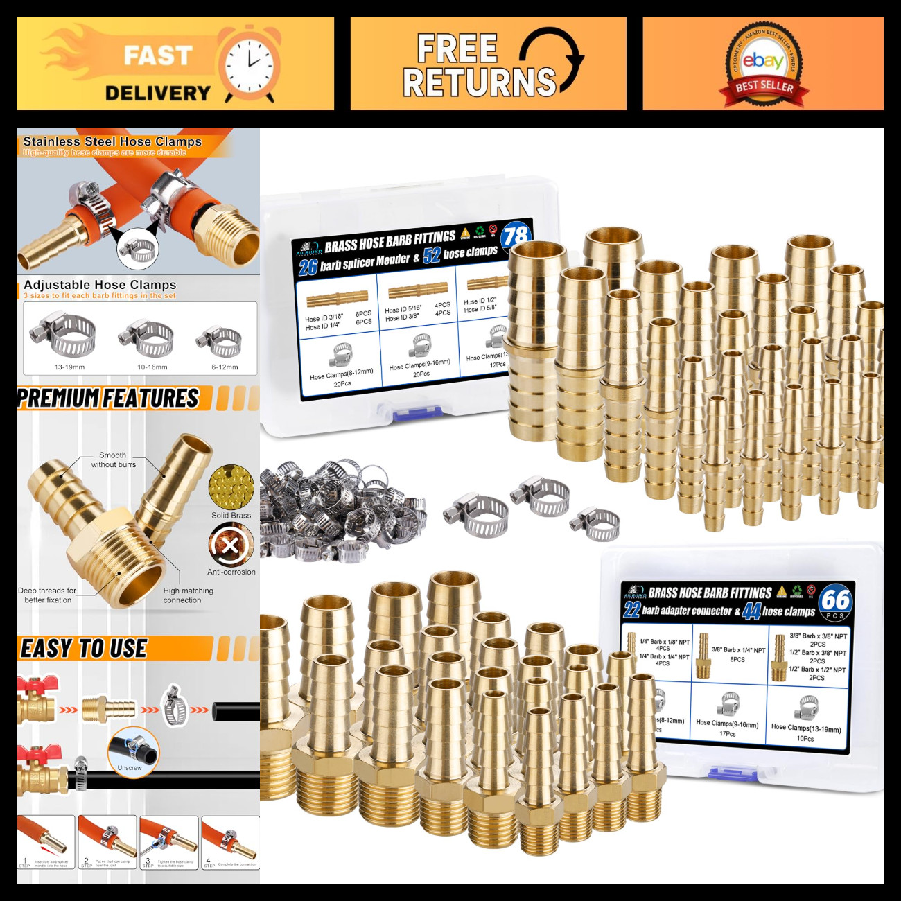 48PCS Brass Hose Barb Fittings Set with Clamps, Splicer Mender & Adapter Tools