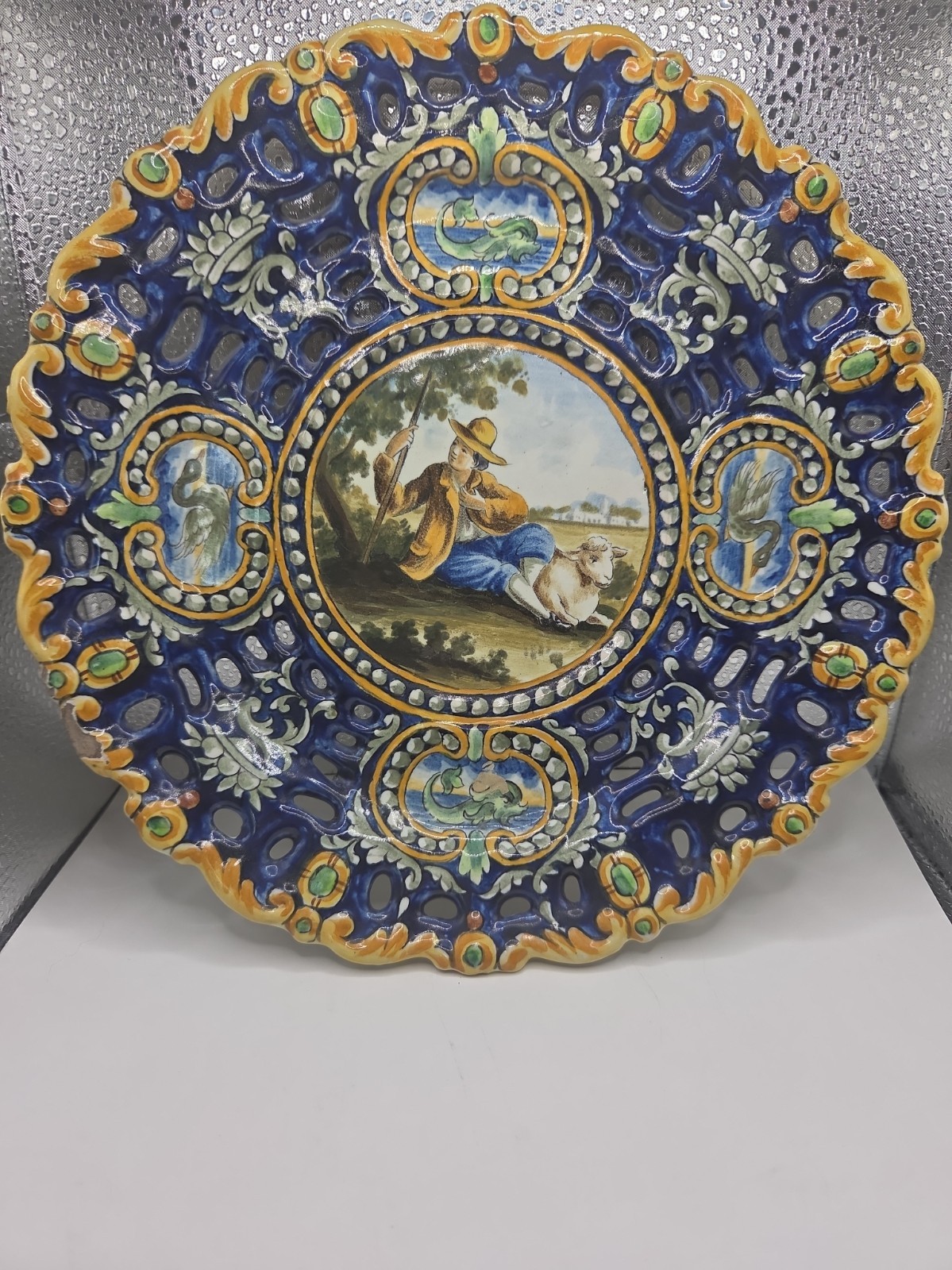 Antique Italian Ginori Majolica Reticulated Compote Crespina Swan Fish Sheep Boy Antique Italian Ginori Majolica Reticulated Compote Crespina Swan Fish Sheep Boy