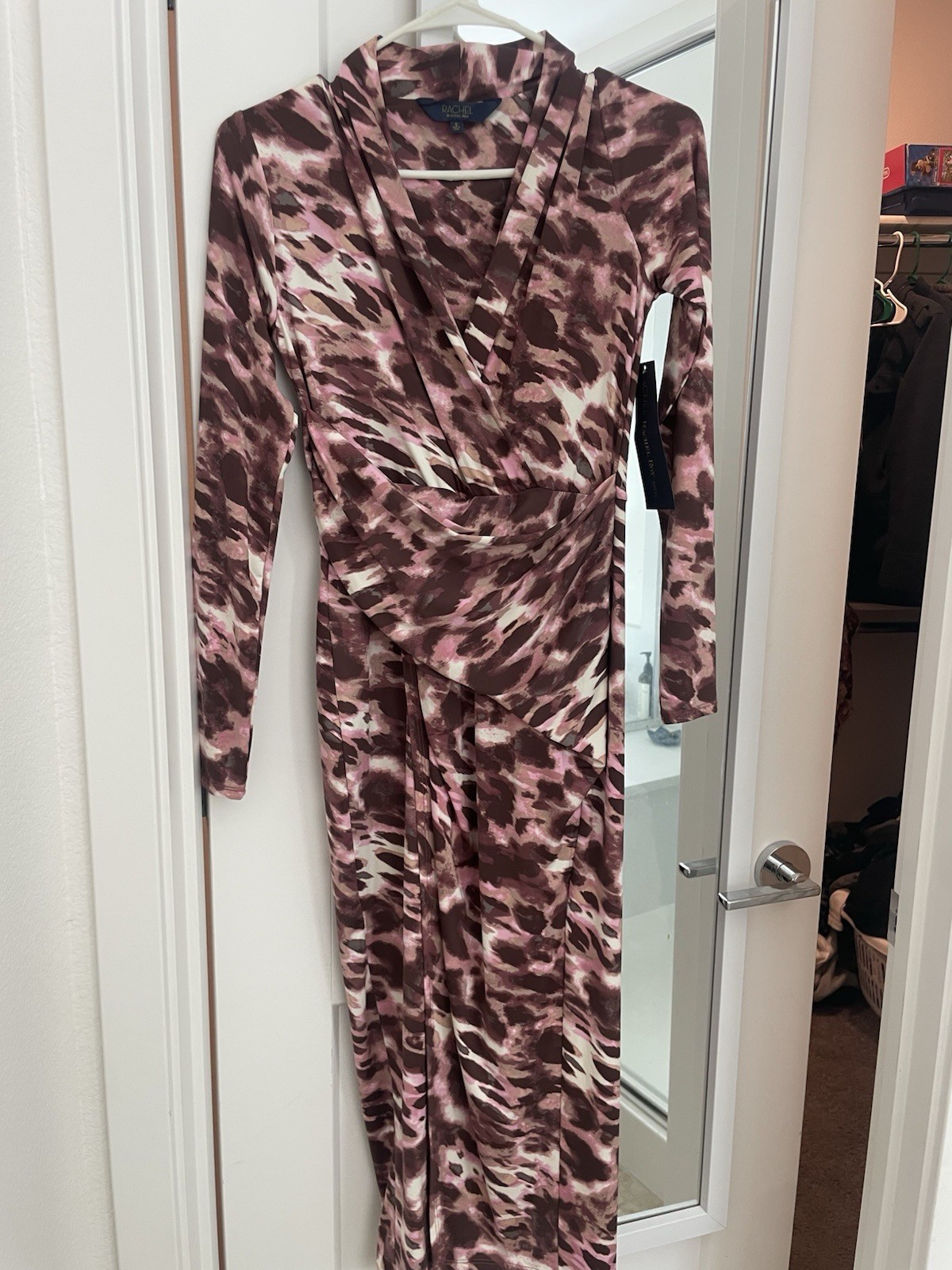 Rachel Roy Women’s S Pink Brown Leopard Wrap Maxi Dress V-Neck Ruched Knit
