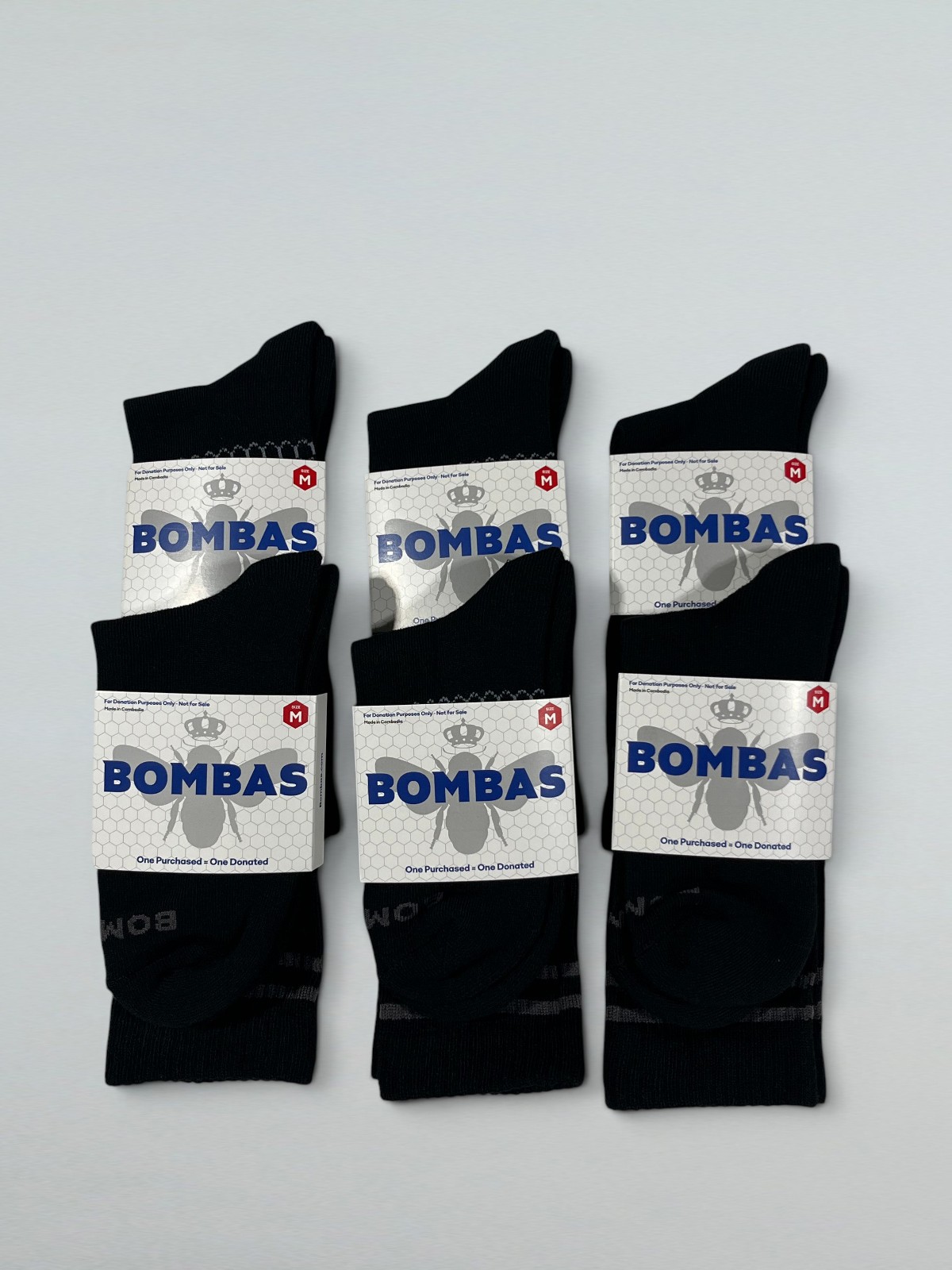 6 X BOMBAS Crew Socks Adult Unisex Black Gray Honeycomb M 6-9 W 8-10.5 New