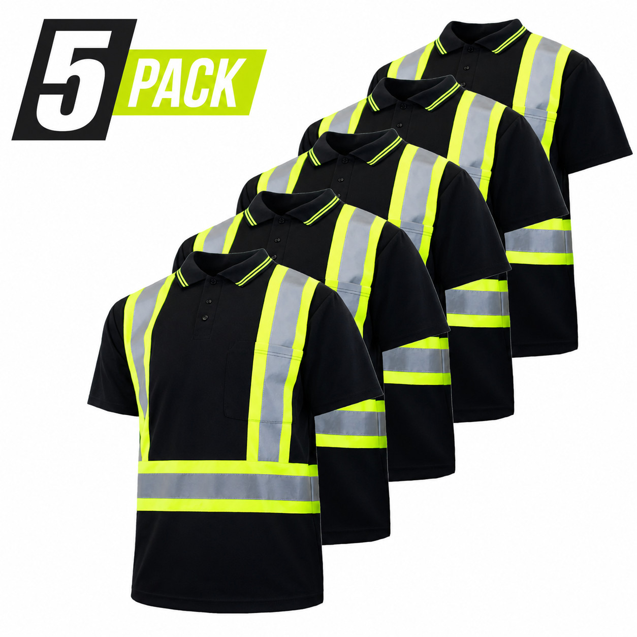 Hi-Vis Black Safety Workwear Short Sleeve Polo Shirt Two Tone Reflective Tape