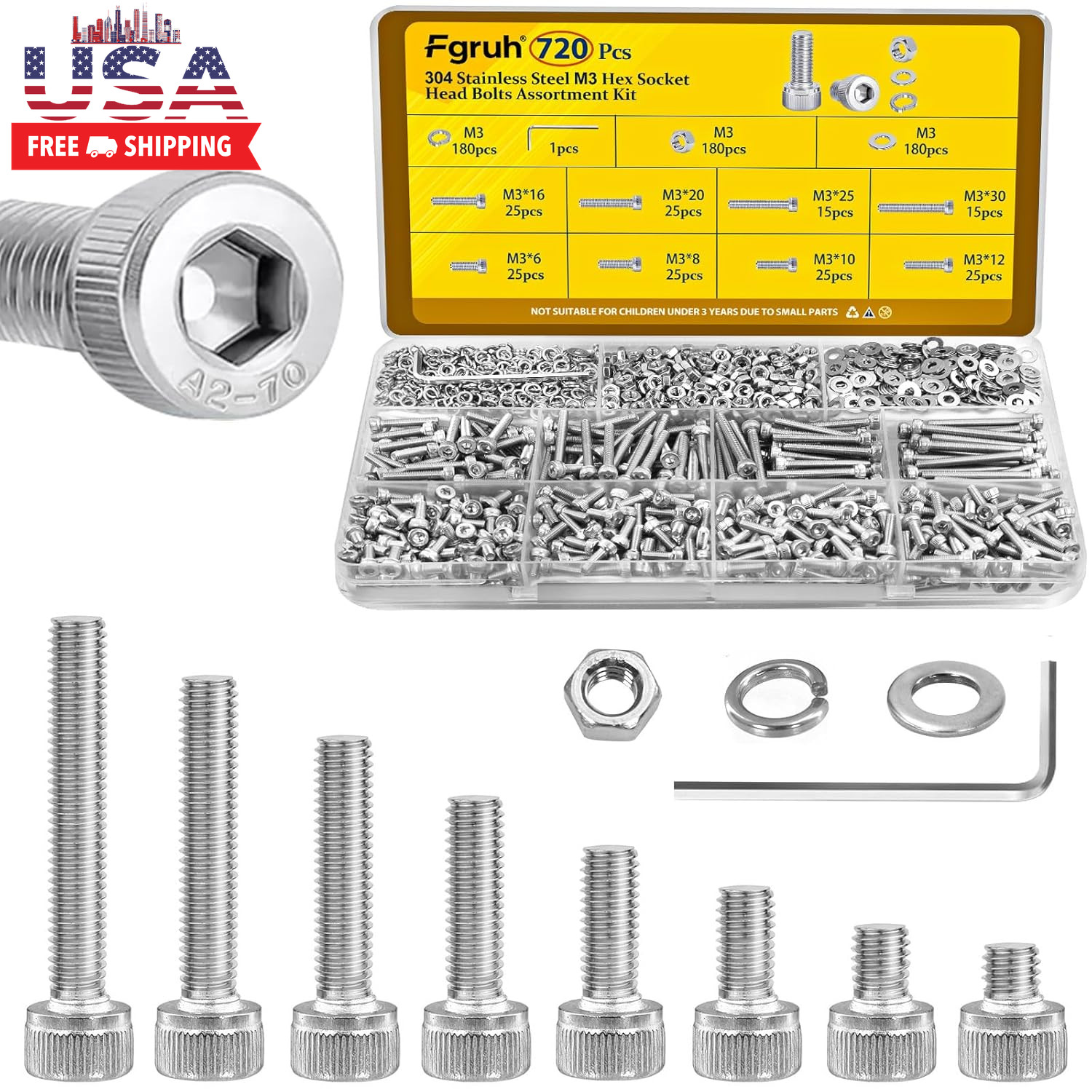 720Pcs M3 Screws Assortment Kit, Hex Socket Head Cap Bolts, Nuts & Washers Assor 720Pcs M3 Screws Assortment Kit, Hex Socket Head Cap Bolts, Nuts & Washers Assor
