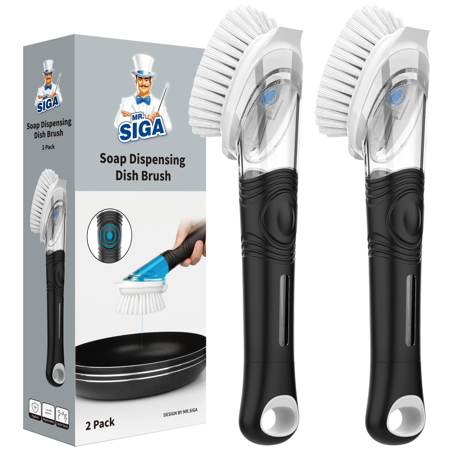 MR.SIGA Soap Dispensing Dish Brush, Kitchen 10.4 x 1.9 x 2.7 inch, Black