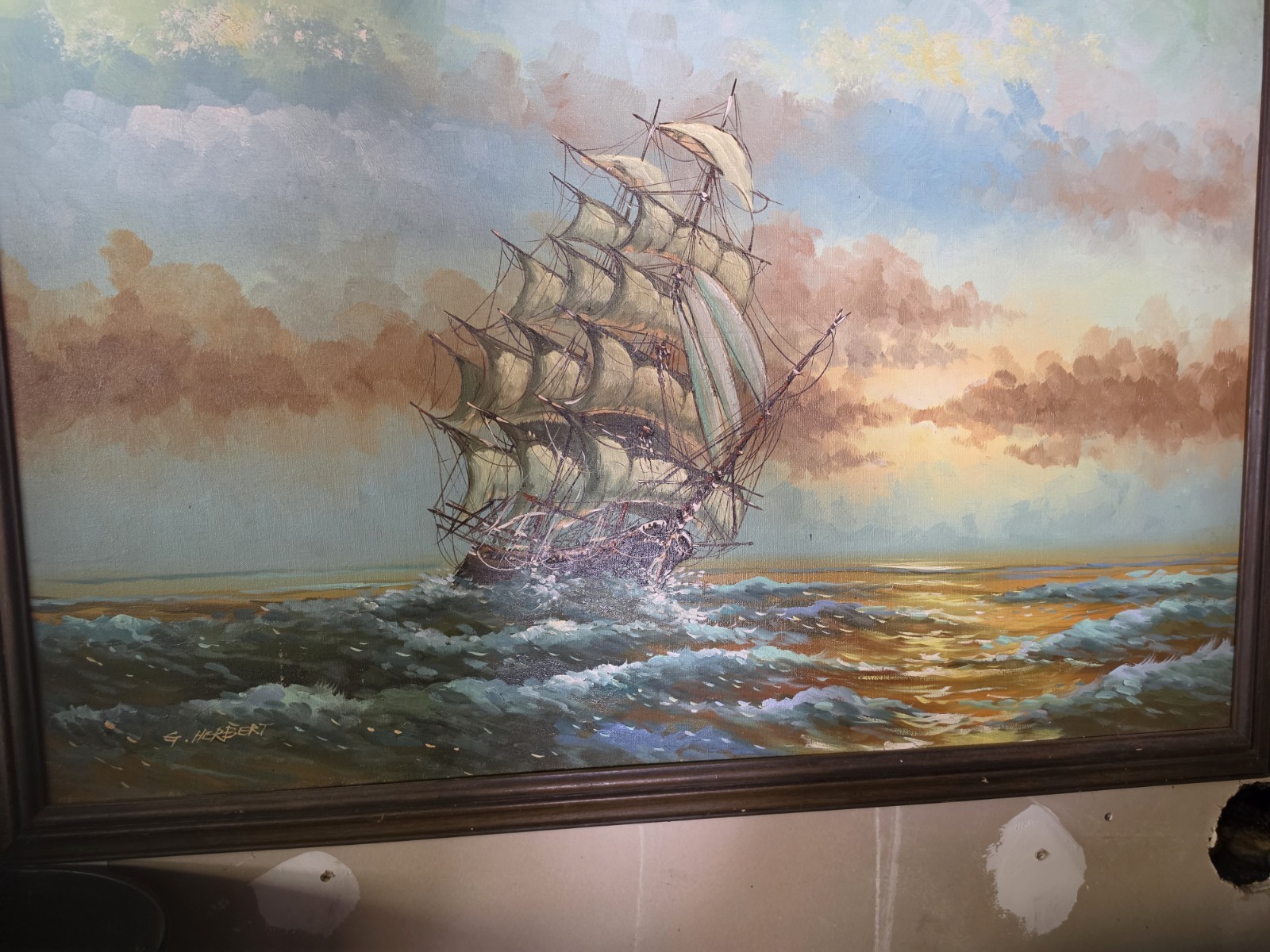 G. Herbert Signed Framed Large Realism Seascape Sailing Ship Painting G. Herbert Signed Framed Large Realism Seascape Sailing Ship Painting