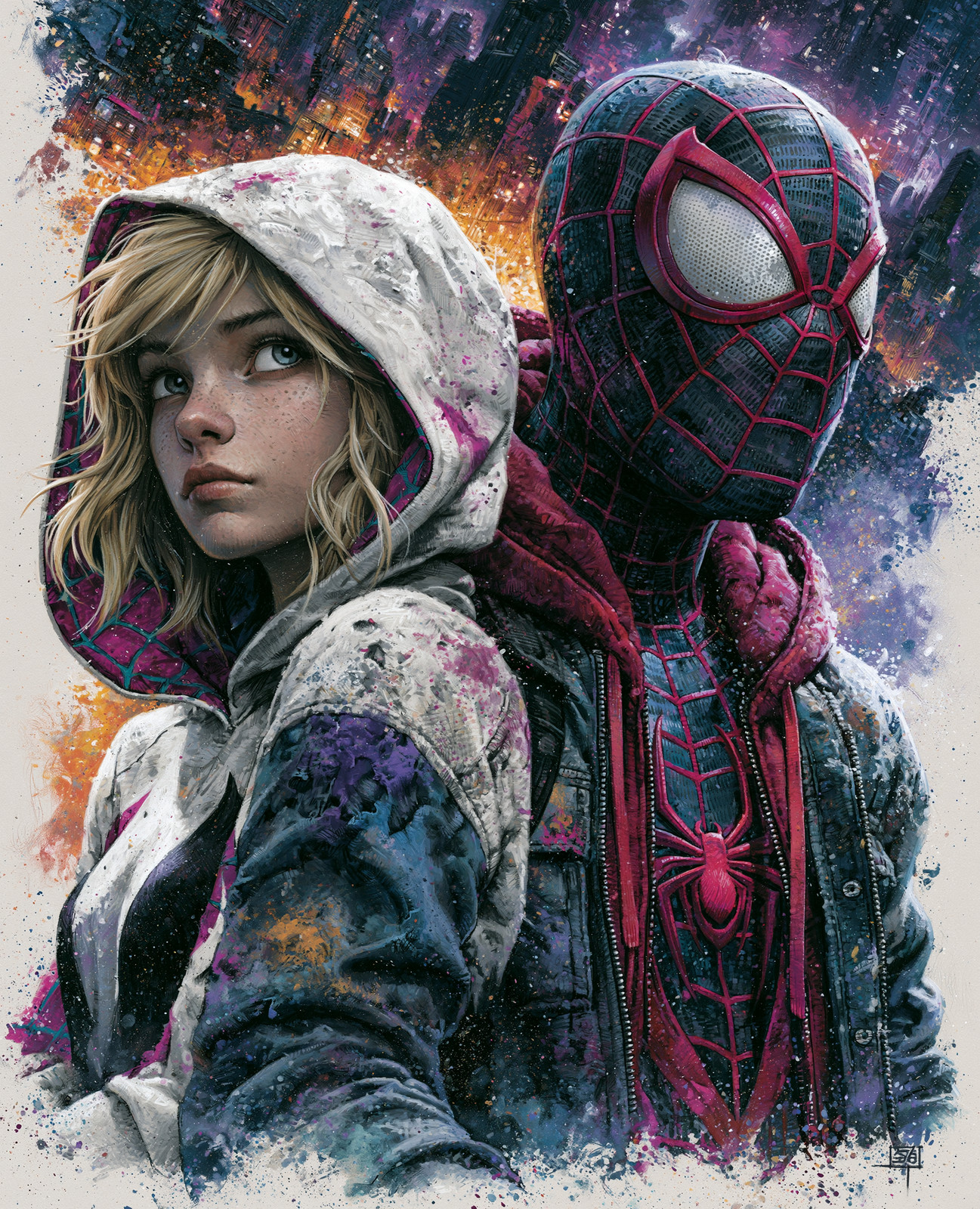 Spider-Gwen and Miles Morales in Hooded City Scene Print - 719550323