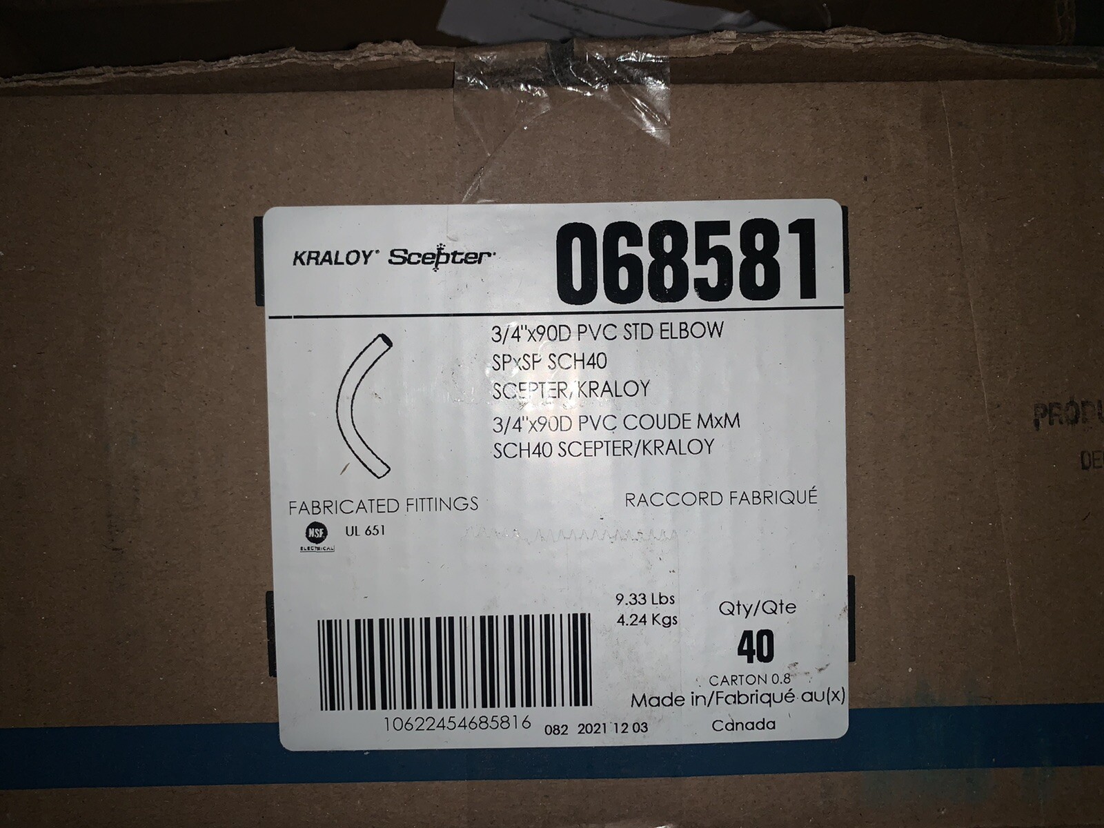 NEW Kraloy Scepter 3/4”x90D PVC STD Elbow SPxSP SCH40, 068581 (40 PC LOT) NEW Kraloy Scepter 3/4”x90D PVC STD Elbow SPxSP SCH40, 068581 (40 PC LOT)