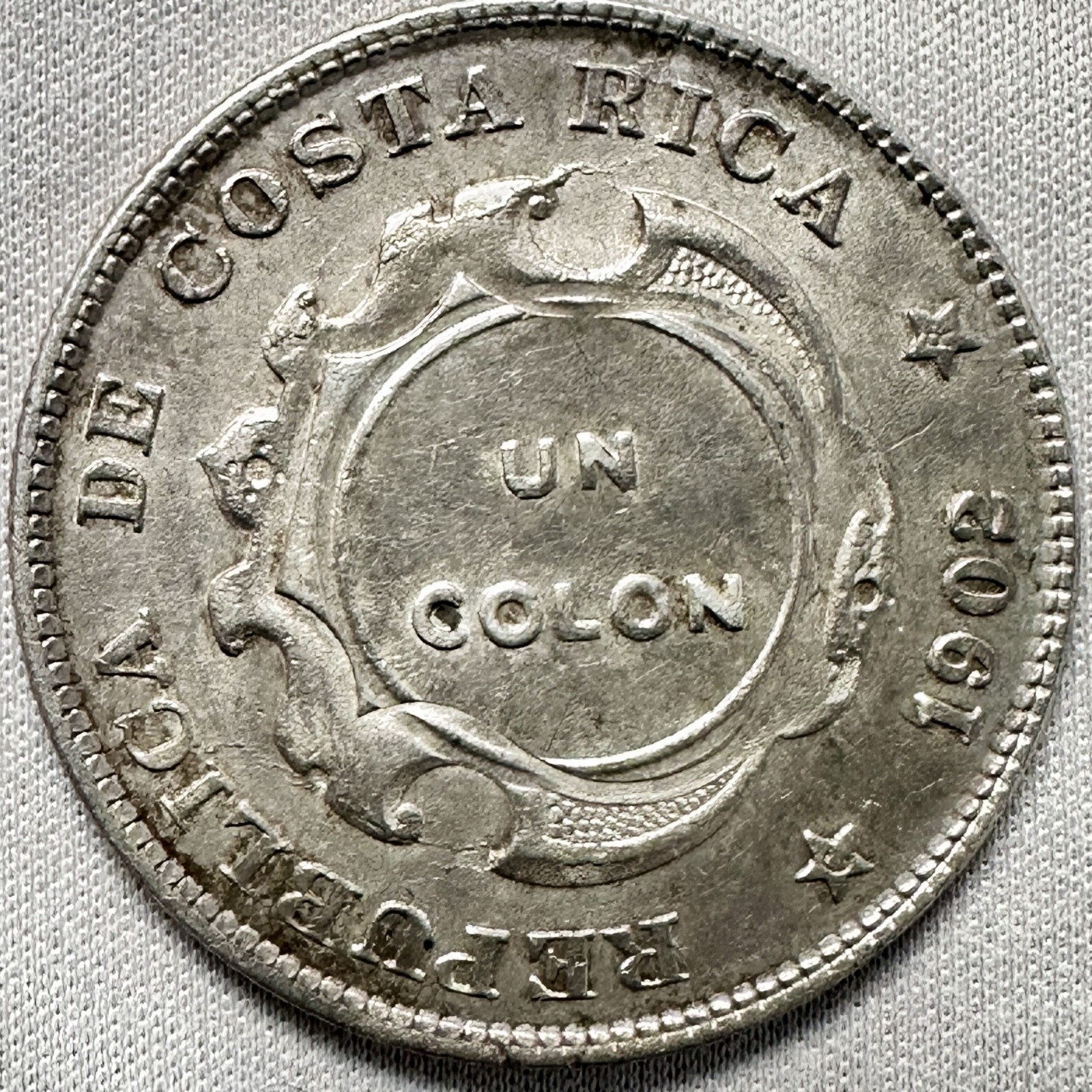 1923 COSTA RICA  1 Colon Counterstamped on 1902 Silver Coin KM# 164