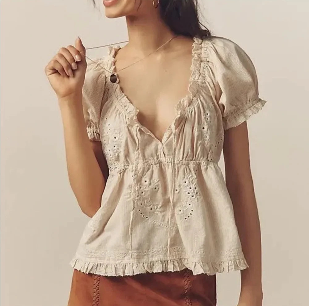 NWT Anthropologie Puff Sleeve Embroidered Babydoll Top Size S Cottage Milkmaid NWT Anthropologie Puff Sleeve Embroidered Babydoll Top Size S Cottage Milkmaid