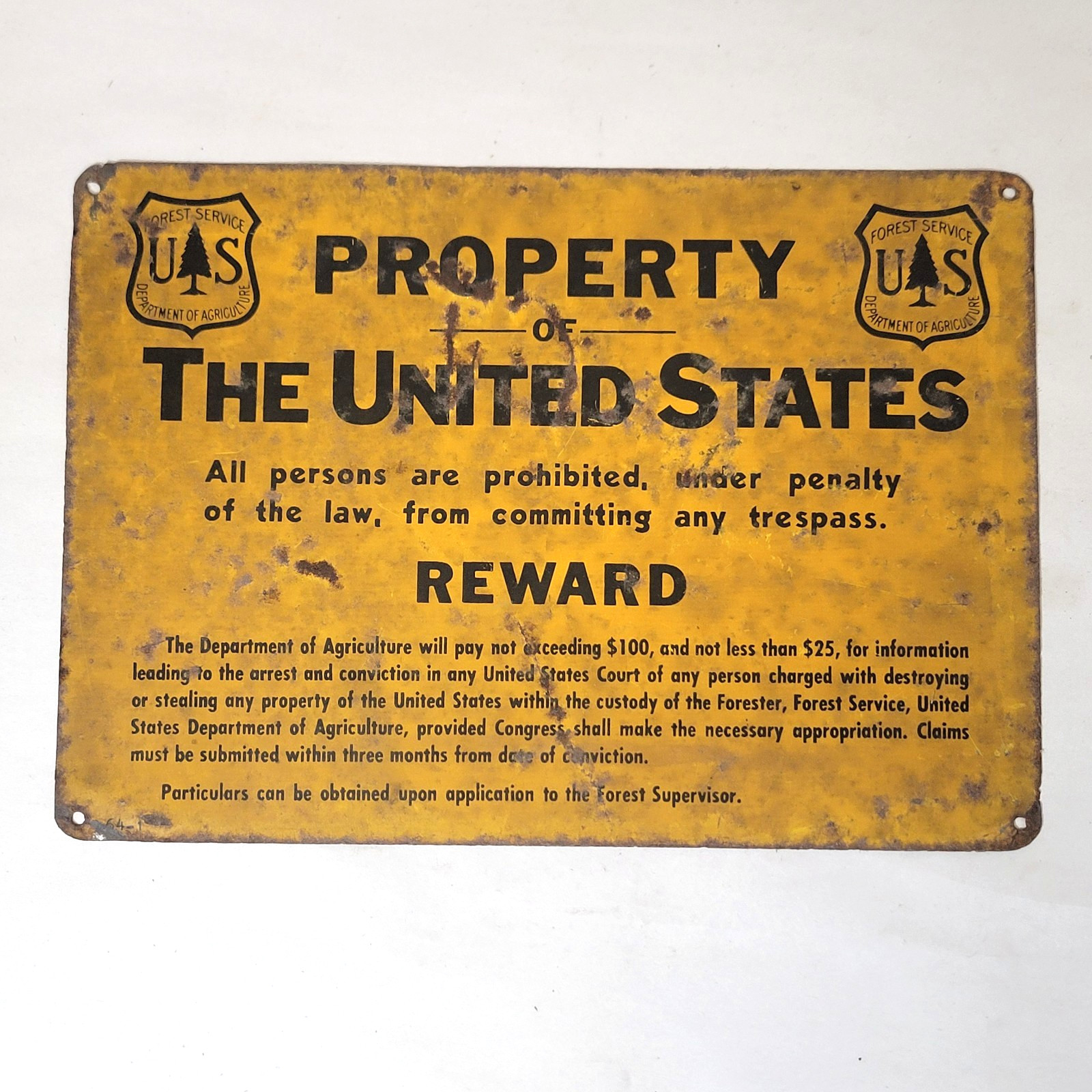 1960s Tin Sign Property United States US Forest Service Reward Vintage Trespass 1960s Tin Sign Property United States US Forest Service Reward Vintage Trespass