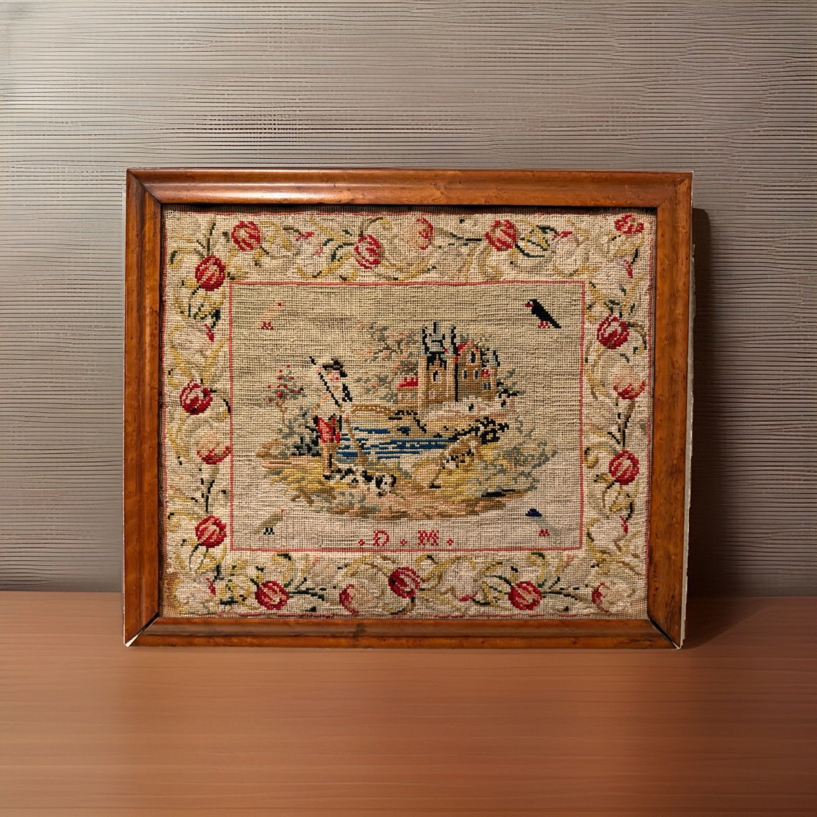 Antique c1850 Victorian Berlin Woolwork Castle Needlepoint Framed 20x18