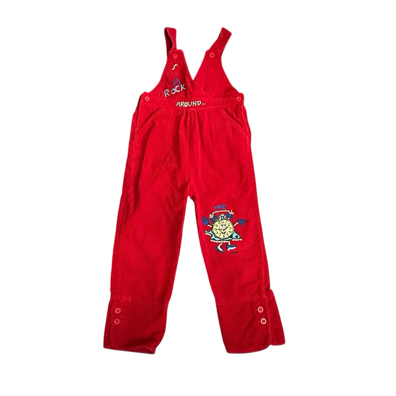 Vtg Happy Kids Dark Red Corduroy Overalls Embroidered Rock Around the Clock 3T