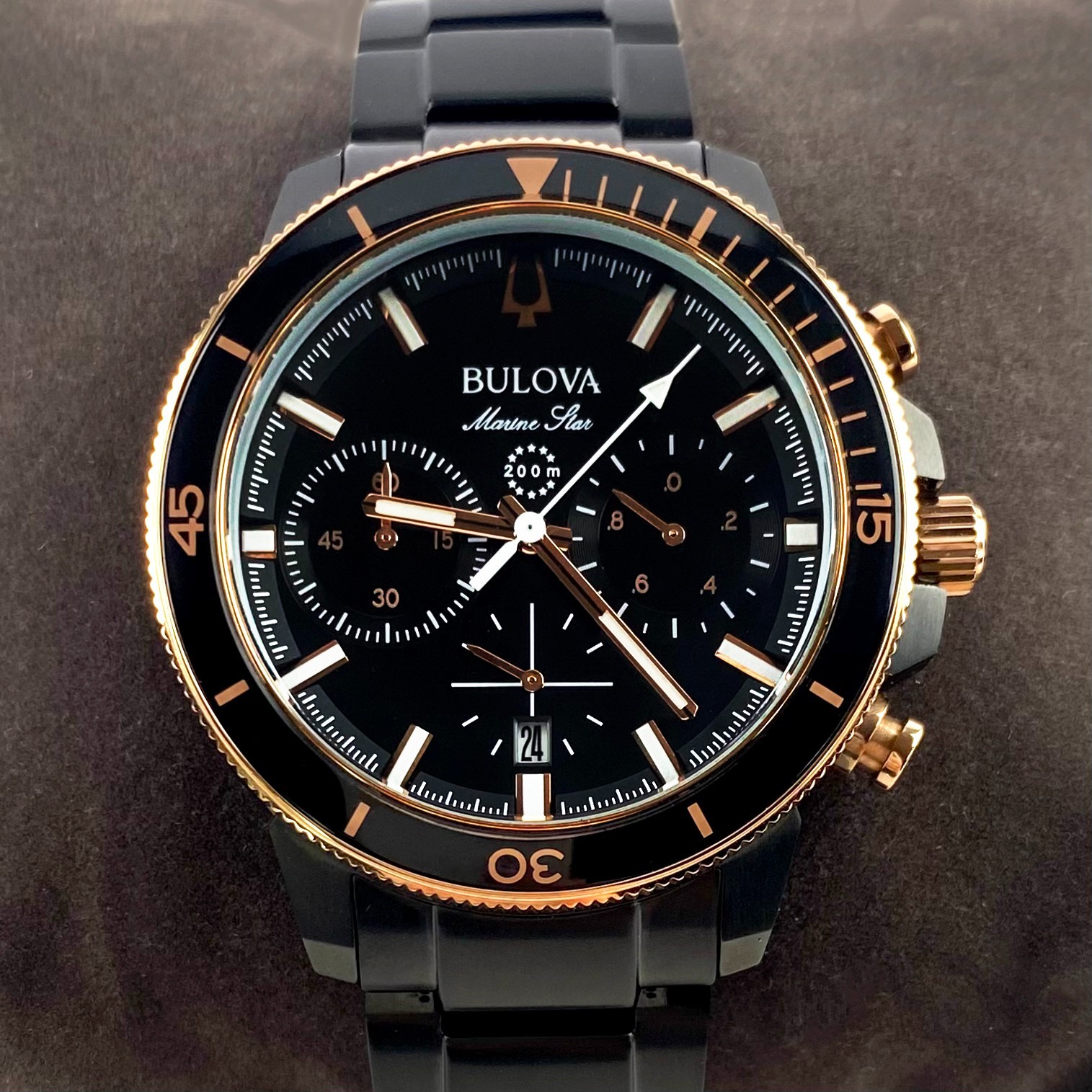 Bulova Marine Star Quartz Watch 45mm Black Dial Steel Strap Men's Watch 98B302