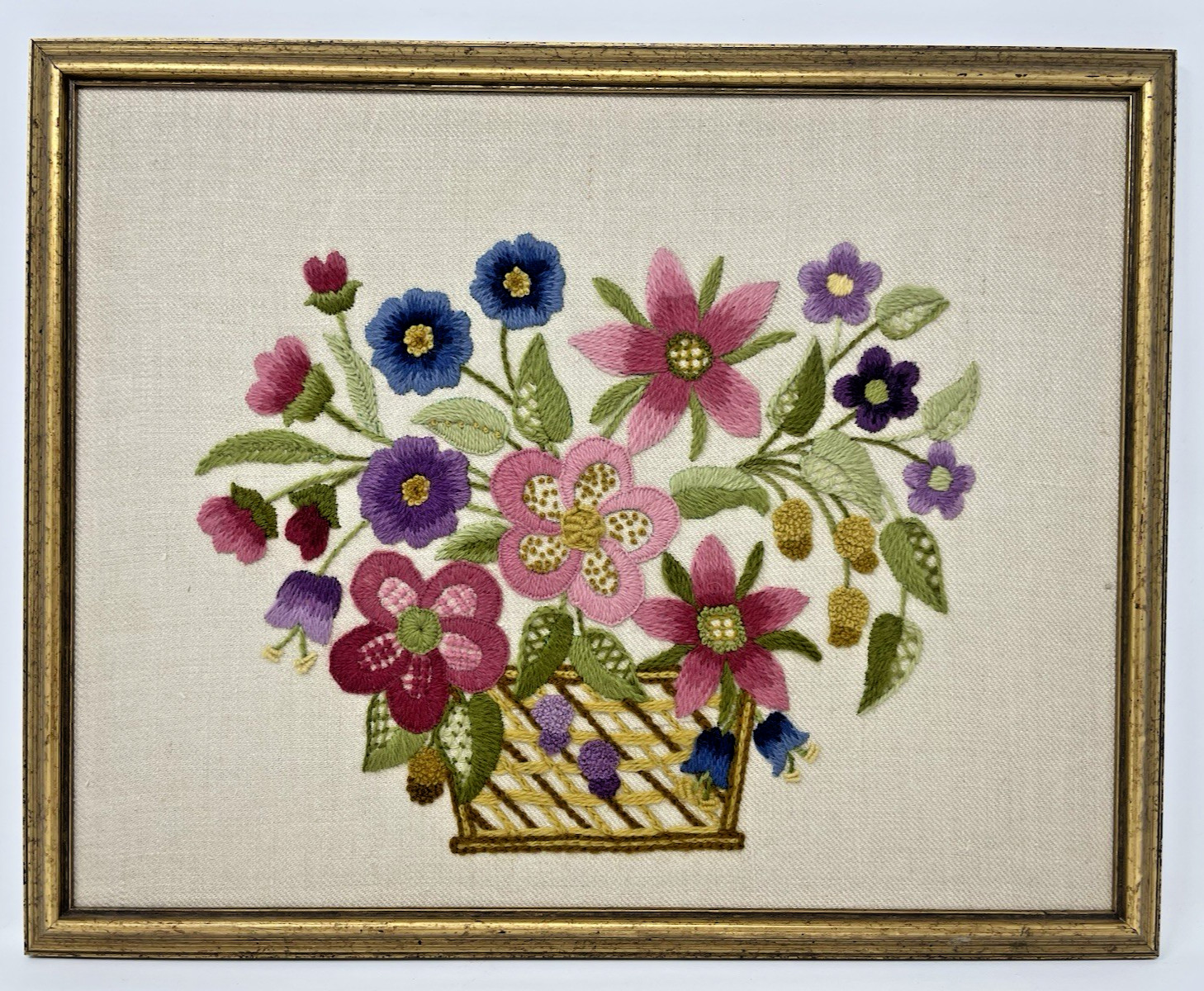 Vtg Crewel Embroidery Framed Flowers in Basket 12x 15” 1970s Beautful Needlework Vtg Crewel Embroidery Framed Flowers in Basket 12x 15” 1970s Beautful Needlework
