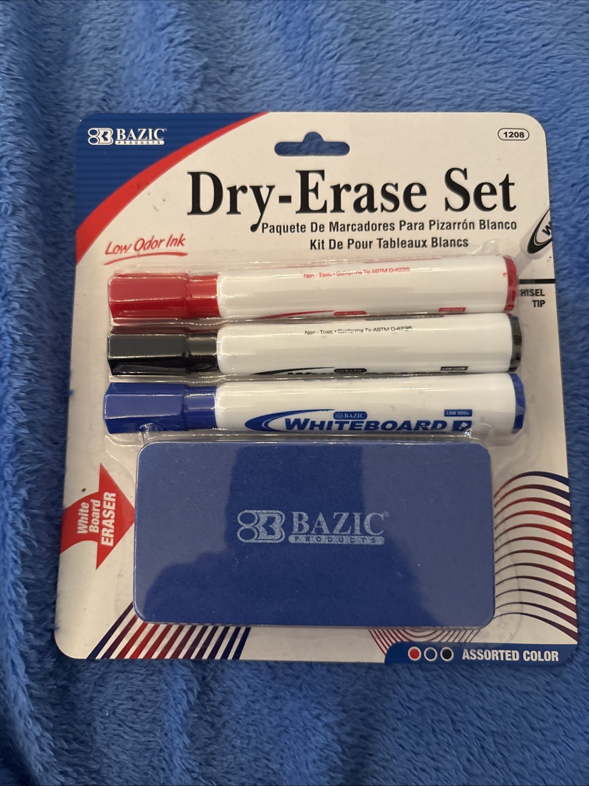 BAZIC Dry-Erase Set Low Odor Chisel Tip Markers with Whiteboard Eraser, 4 Pieces