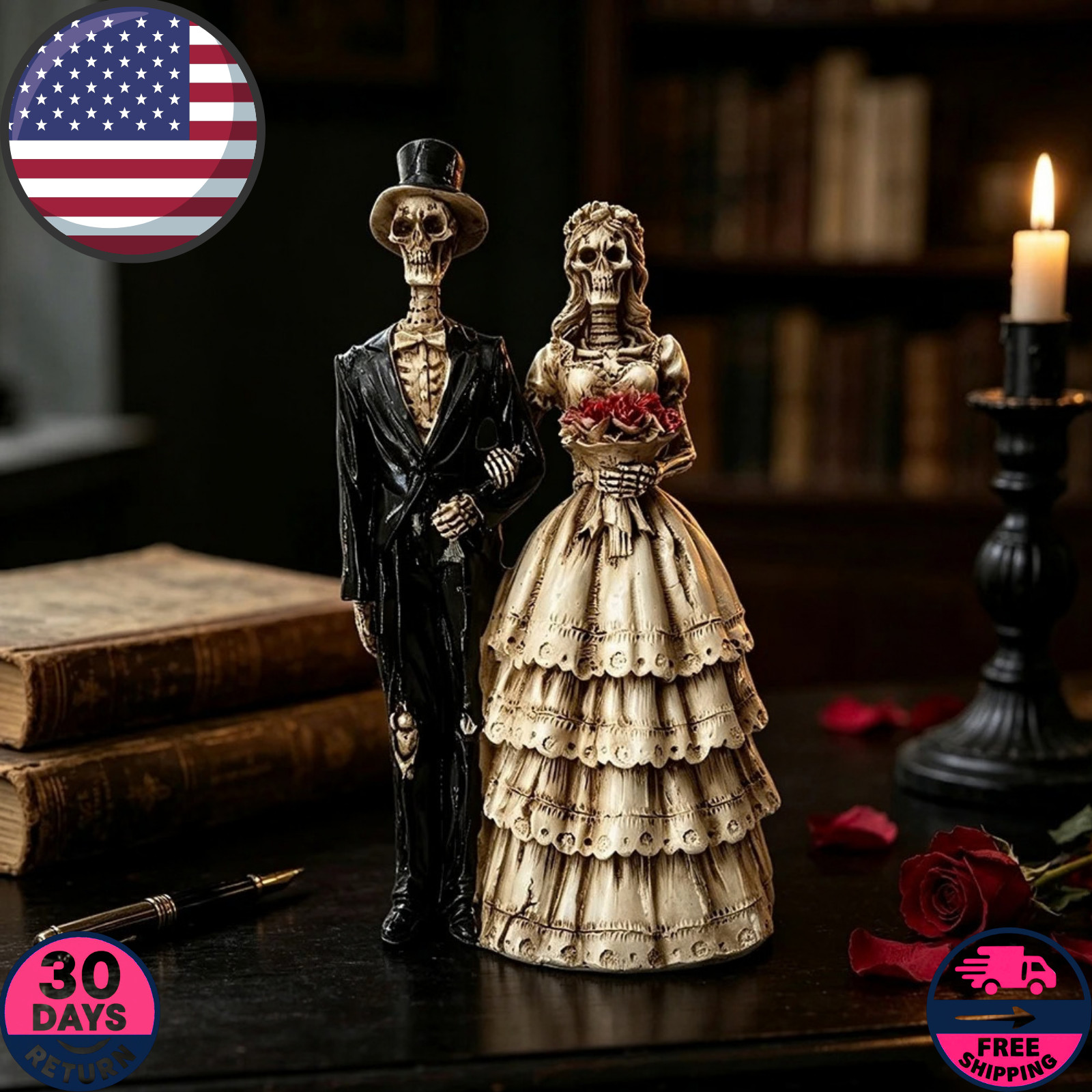 Gothic Skeleton Bride Groom Statue Resin Skull Couple Wedding Halloween Decor US