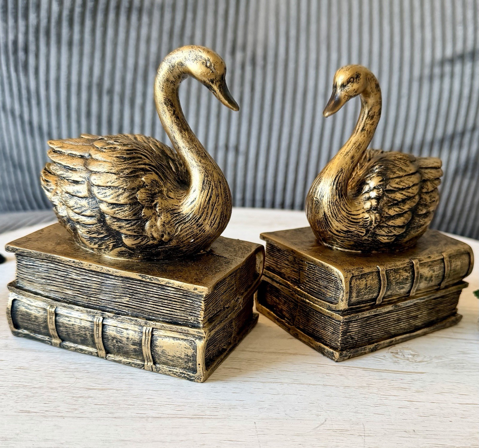 Vintage Style Art Deco Pair Of Gold Swan On Book Bookends Gold Swan Shelf Sitter Vintage Style Art Deco Pair Of Gold Swan On Book Bookends Gold Swan Shelf Sitter