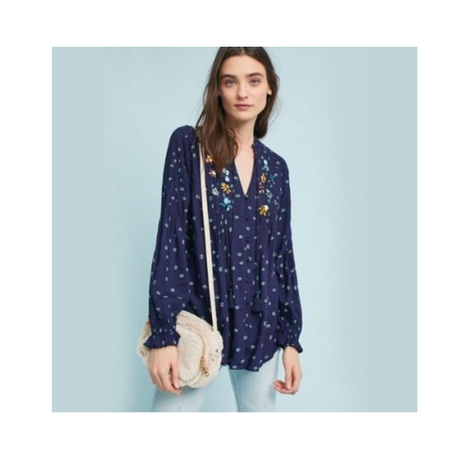 Vanessa Virginia Anthro Blue Long Sleeve Floral Jeweled Top Blouse 12