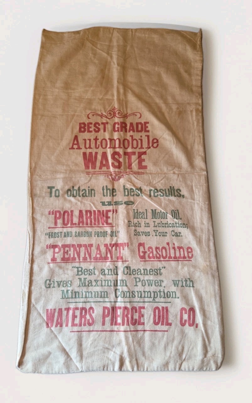 Rare Antique 1910s Waters Pierce Oil Co Automobile Waste Cloth Bag Sign Petrolia