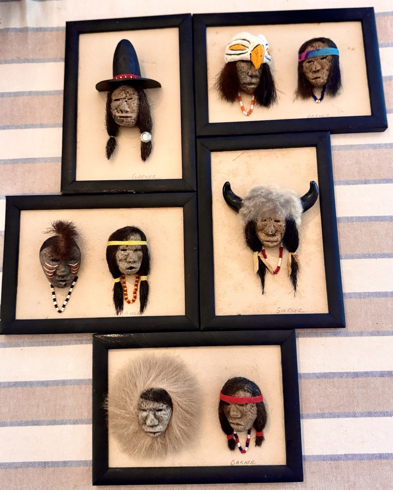 Vintage GARNER Native American Folk Art Stone/Bone Portraits- Signed & Framed