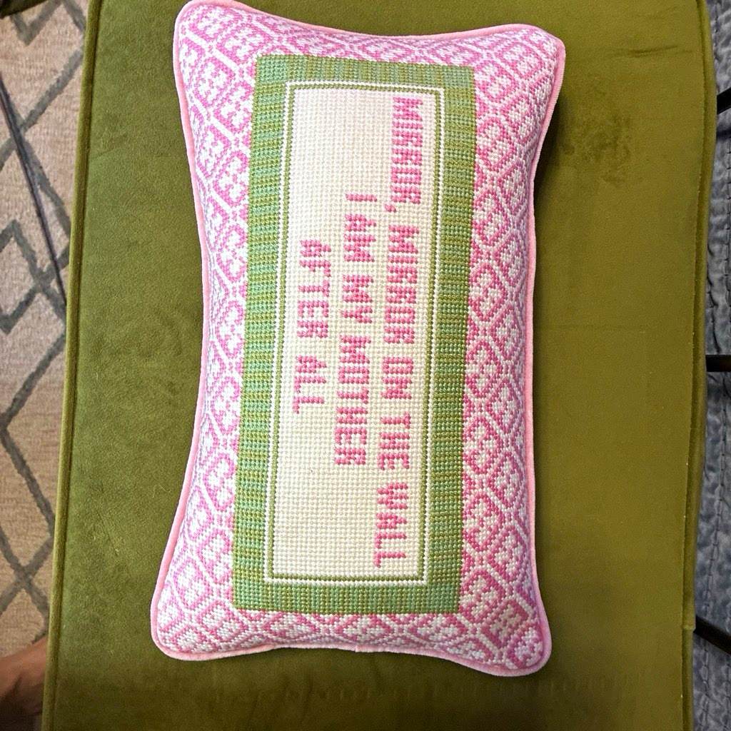 Furbish Pink Velvet Needlepoint Embroidered Quote Rectangle Decorative Pillow