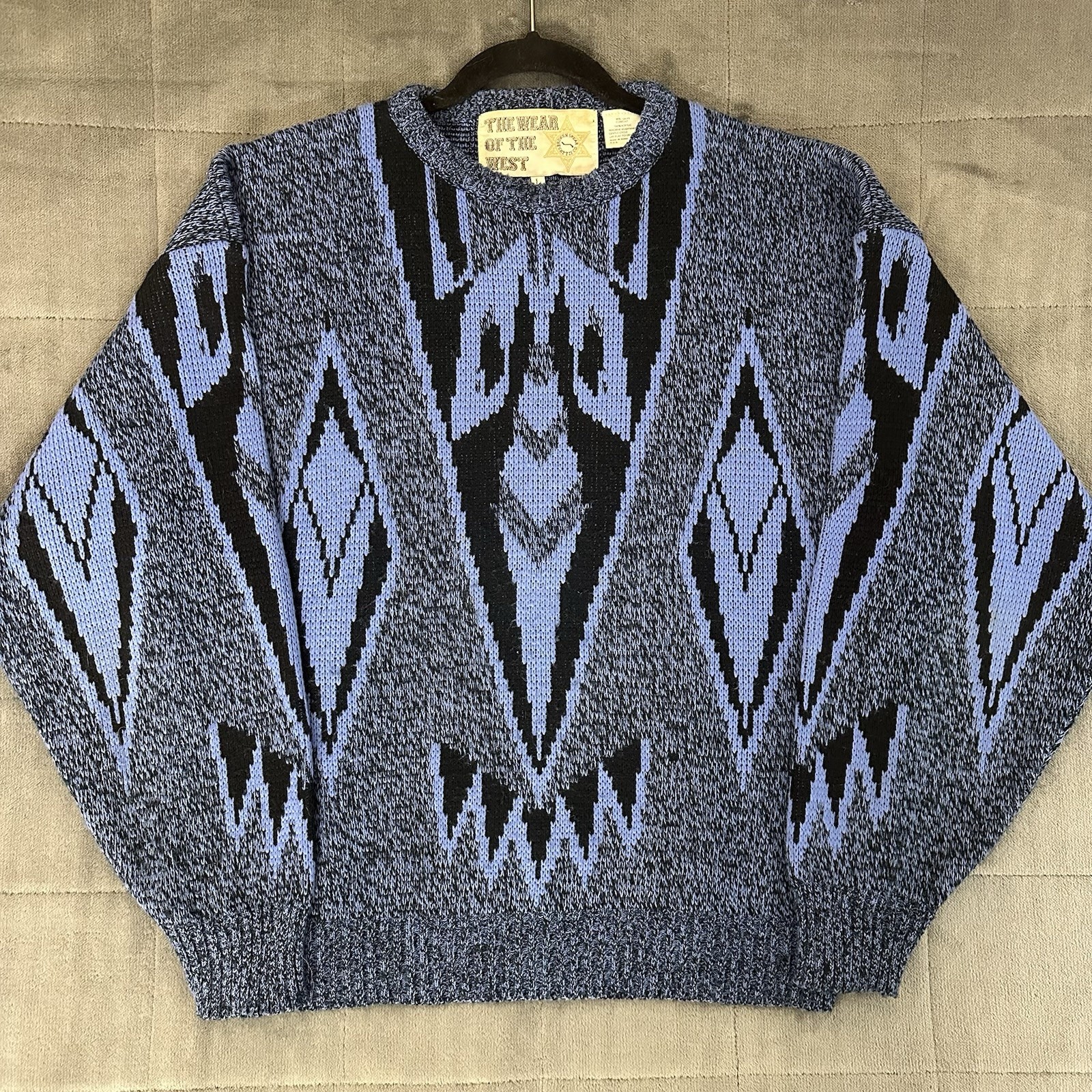 Vintage Broken Spear Cattle Co Aztec Western Style Blue Knit Sweater Mens L 90s