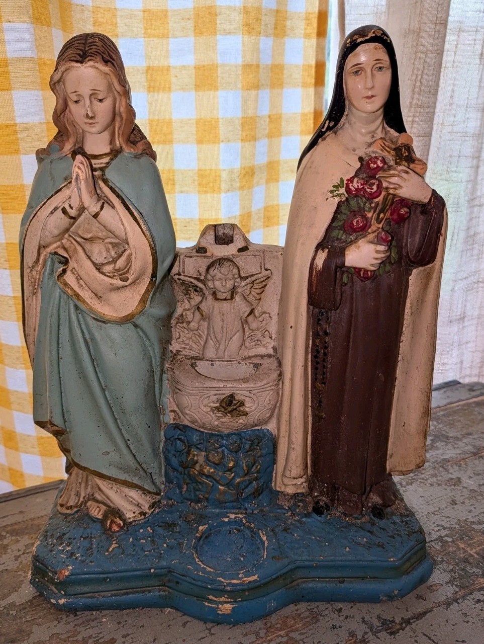Antique 1927 Chalkware Alter Statue Virgin Mary And Saint Theresa of Lisoux Antique 1927 Chalkware Alter Statue Virgin Mary And Saint Theresa of Lisoux