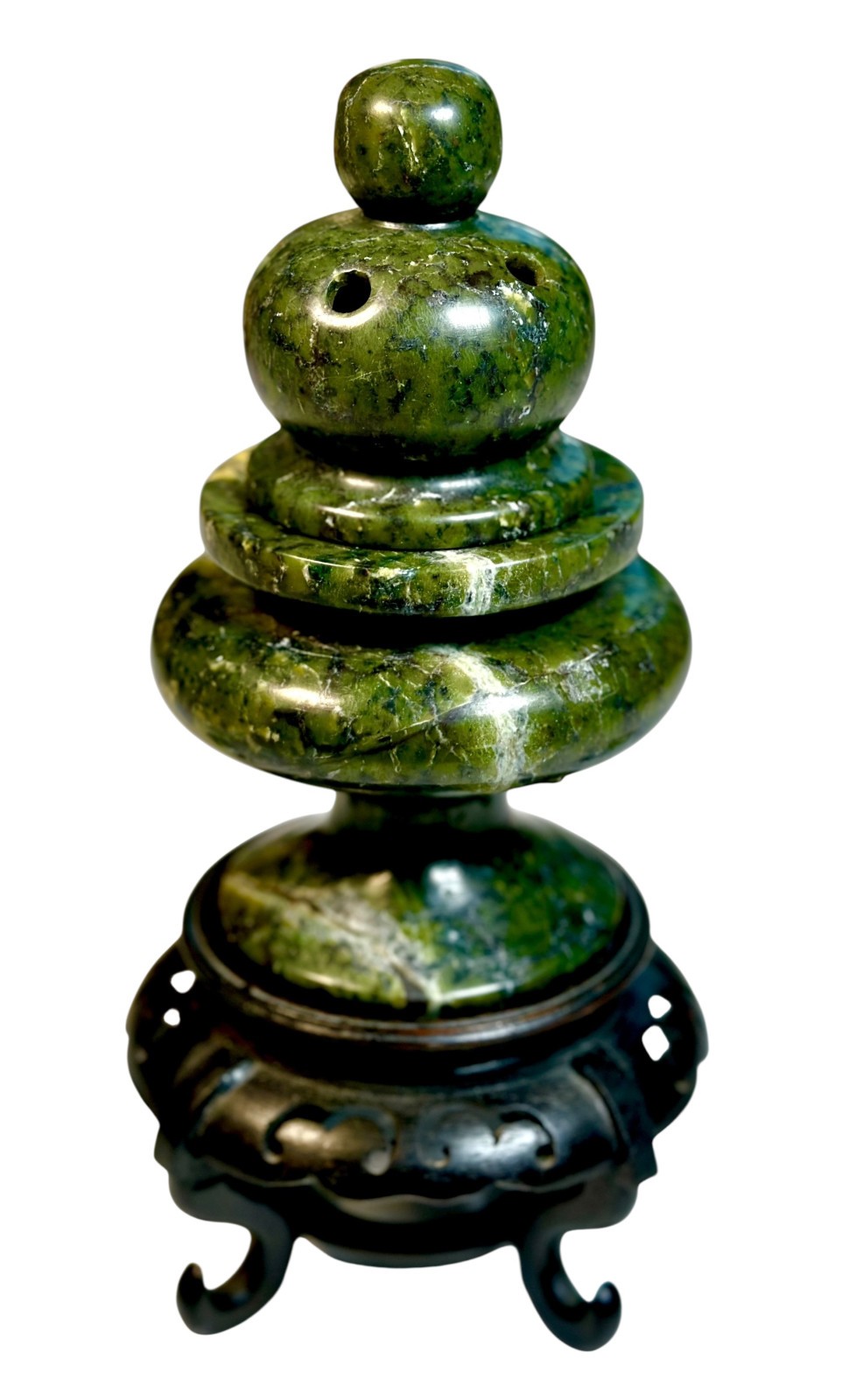 Vintage Chinese Jade Green Hardstone Censer Incense Burner on Wood Stand