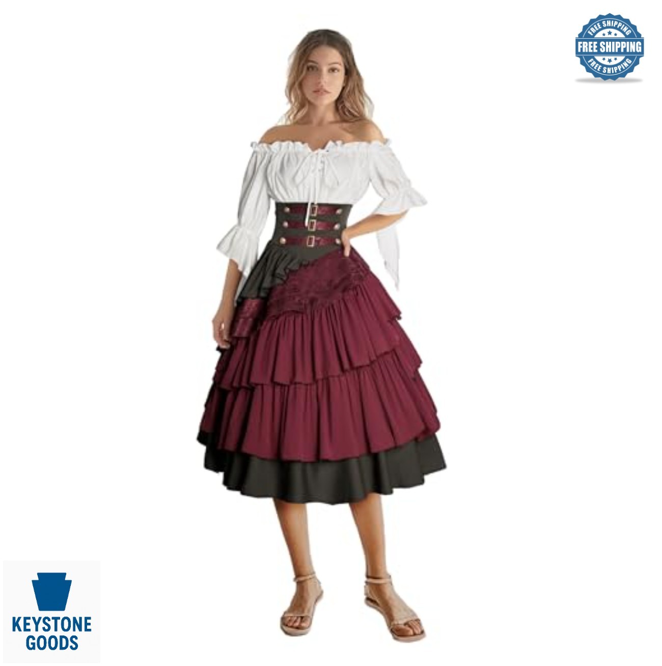 Women's Pirate Costume Renaissance Shirt Steampunk Skirt Set Off Shoulder Long
