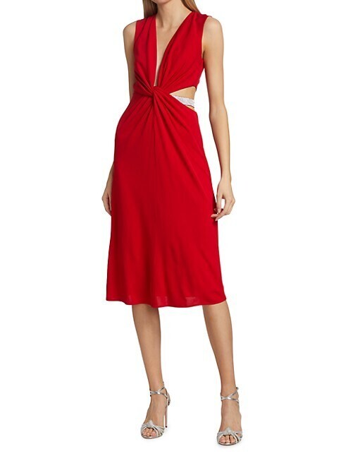 HALSTON Selena Matte Jersey Midi-Dress, V-neck, Sleeveless, Red Size 8, $495 NWT