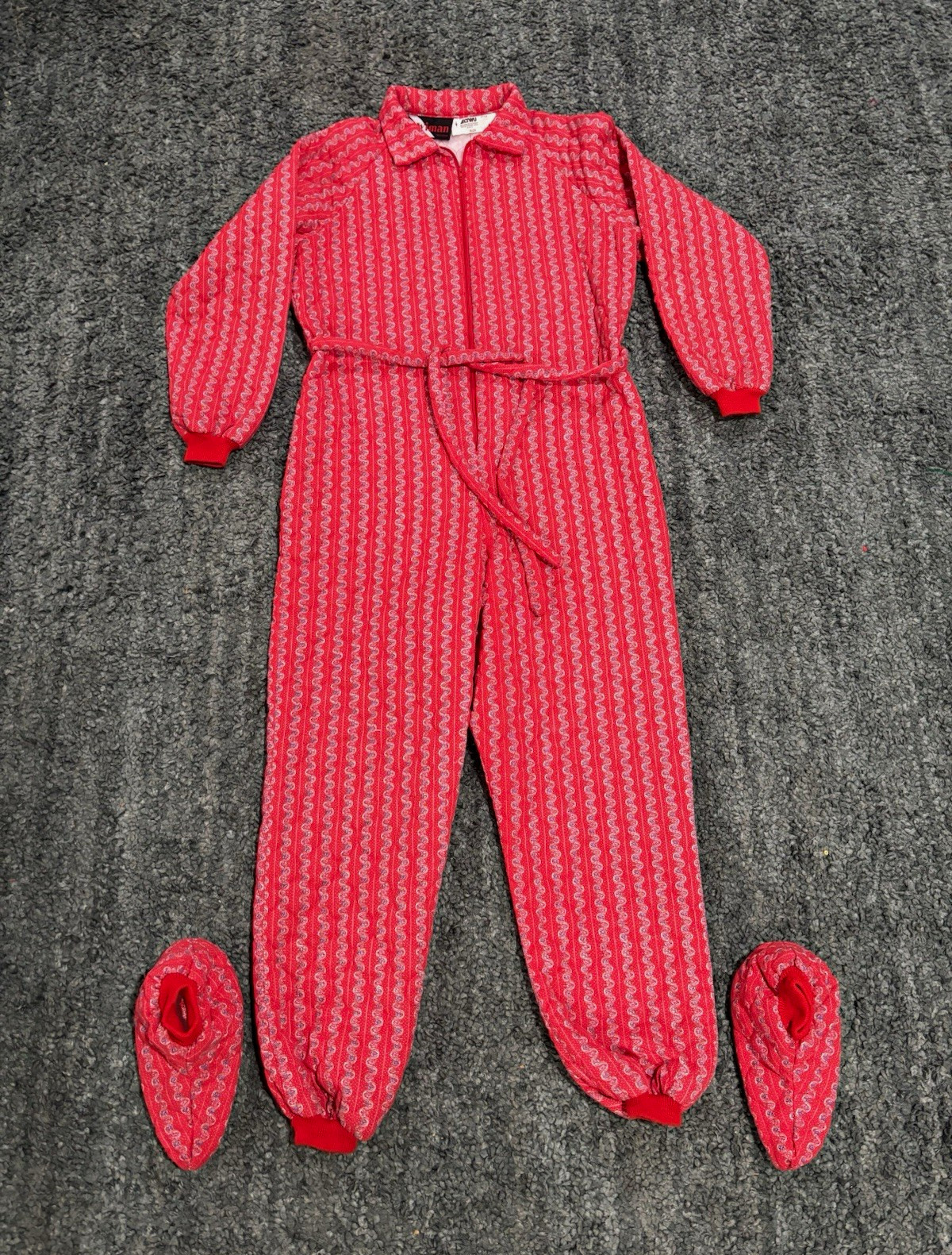 Vintage 70s 80s Wiman Adult L Quilted Loungewear Jumpsuit Booties Set Red Stripe Vintage 70s 80s Wiman Adult L Quilted Loungewear Jumpsuit Booties Set Red Stripe