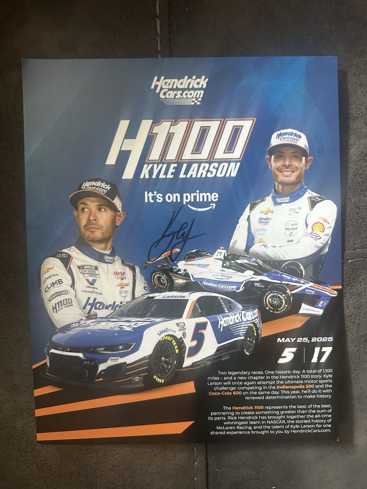 Kyle Larson Indy 500 Signed Car Promo Hero Card Autographed 2025 H1100 NASCAR