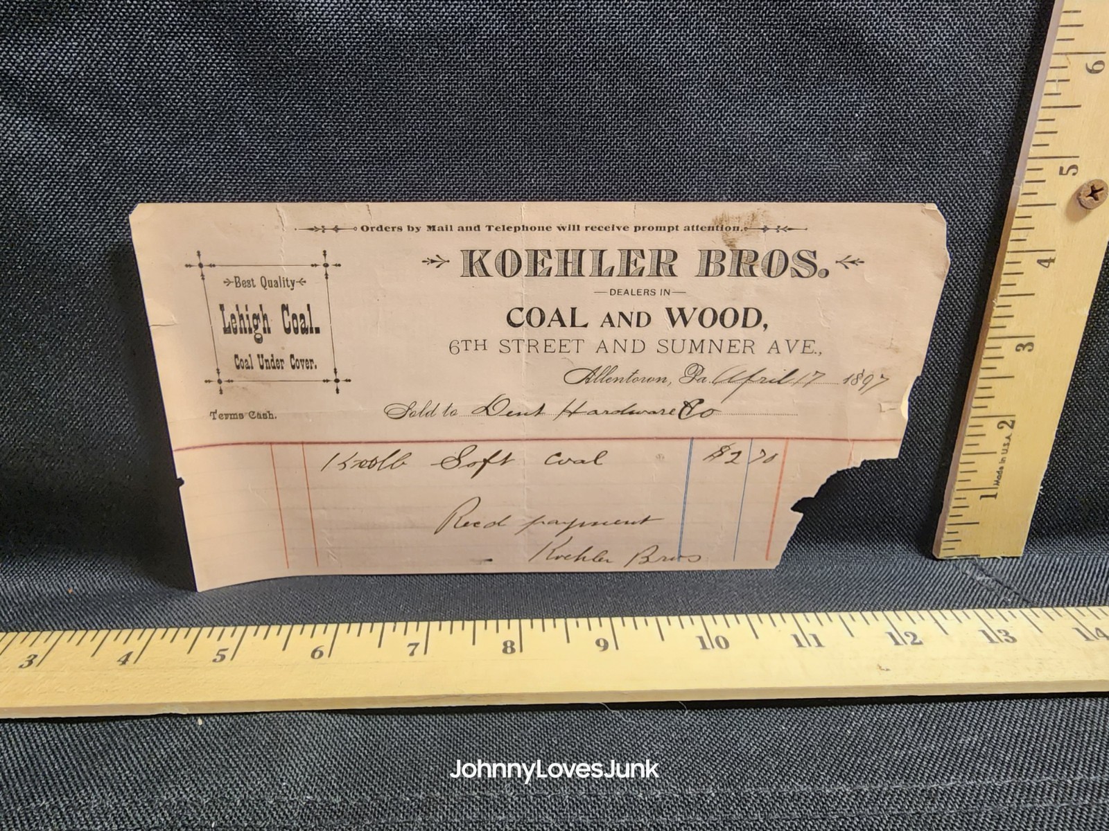 Antique 1897 Letter/Bill Head Koehler Bros Coal & Wood Allentown Pennsylvania PA