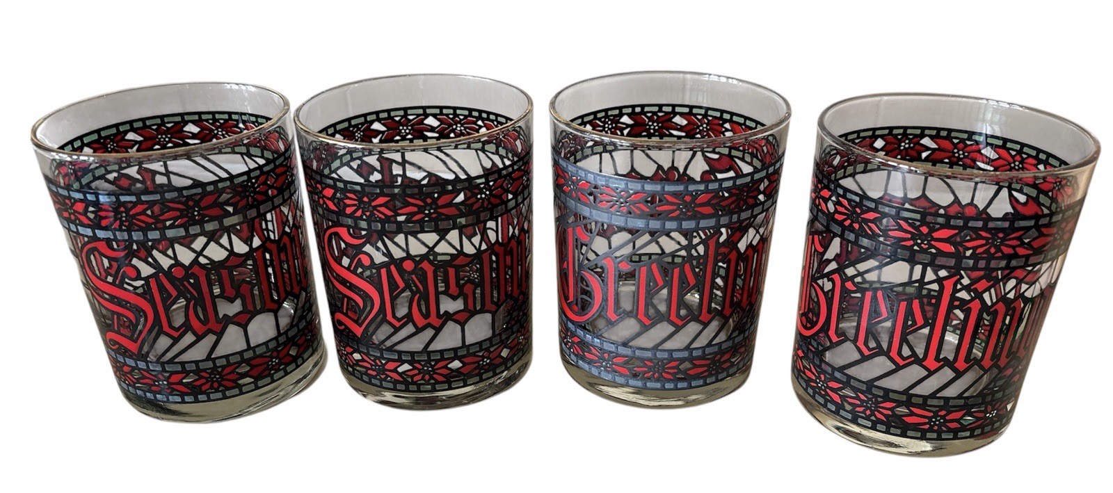 4 Vintage Houze Lowball “Seasons Greetings” Faux Stained Glass Design Glasses 4 Vintage Houze Lowball “Seasons Greetings” Faux Stained Glass Design Glasses