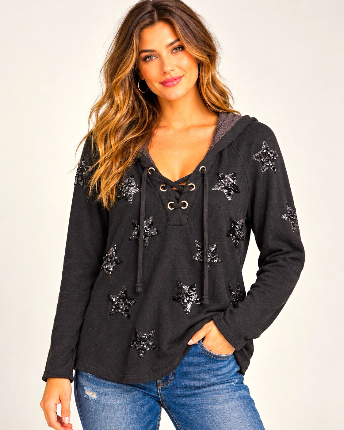 INC International Concepts Women’s S Black Pullover Hoodie Sequin Star V-Neck INC International Concepts Women’s S Black Pullover Hoodie Sequin Star V-Neck