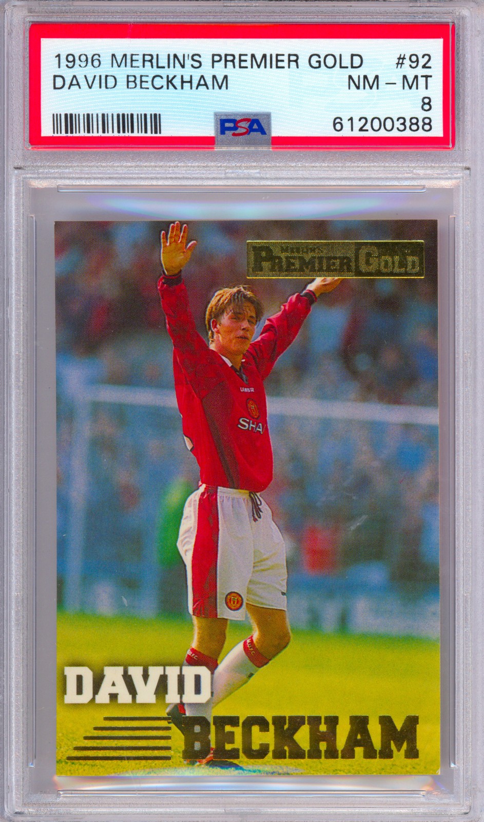 DAVID BECKHAM 1996-97 Merlin\'s Premier Gold Rookie RC Soccer Card #92 PSA 8 DAVID BECKHAM 1996-97 Merlin\'s Premier Gold Rookie RC Soccer Card #92 PSA 8