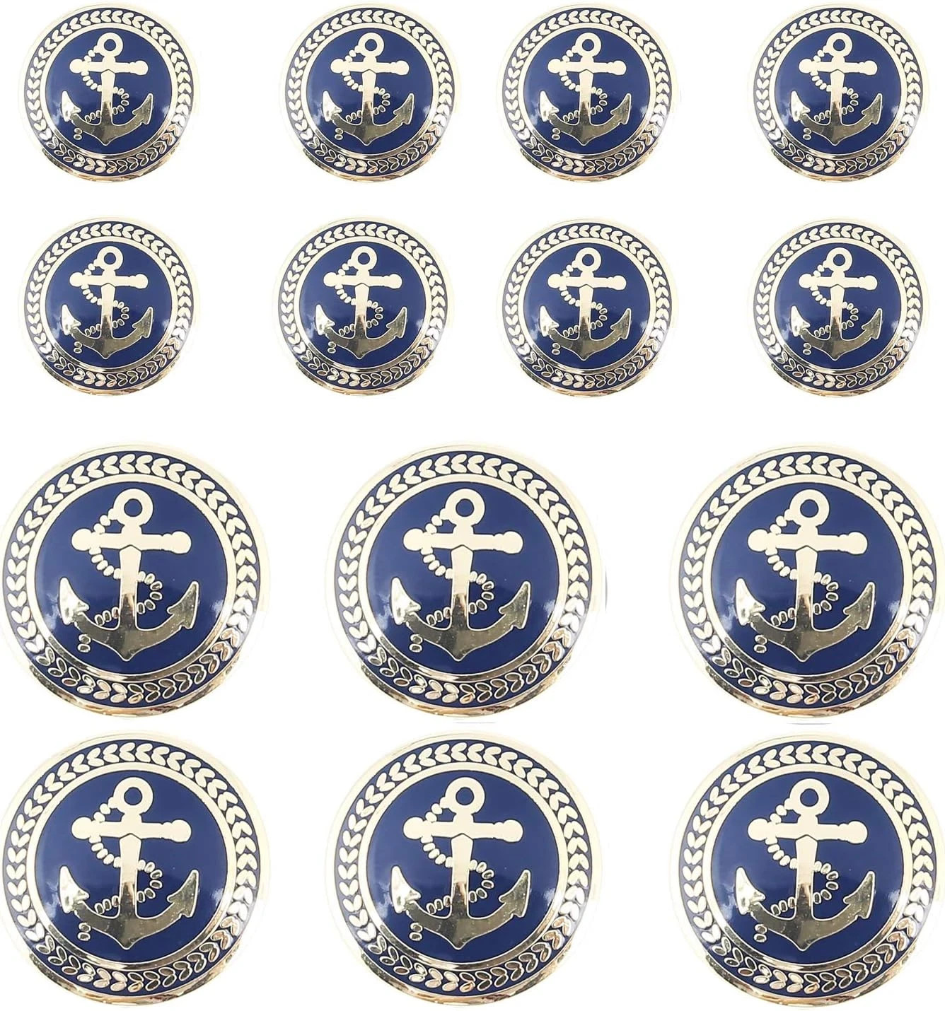 14 Piece Vintage Golden Blue Metal Blazer Button Set - Naval Anchor - for Blazer