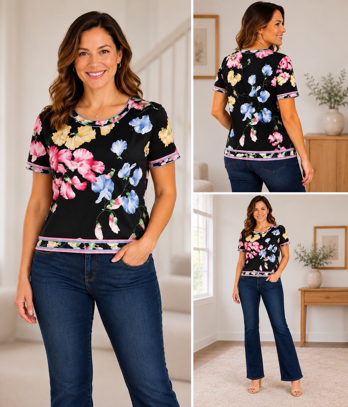 Leonard Fashion Women’s Short Sleeve Black Floral Blouse US 8 FR42 Bloomcore