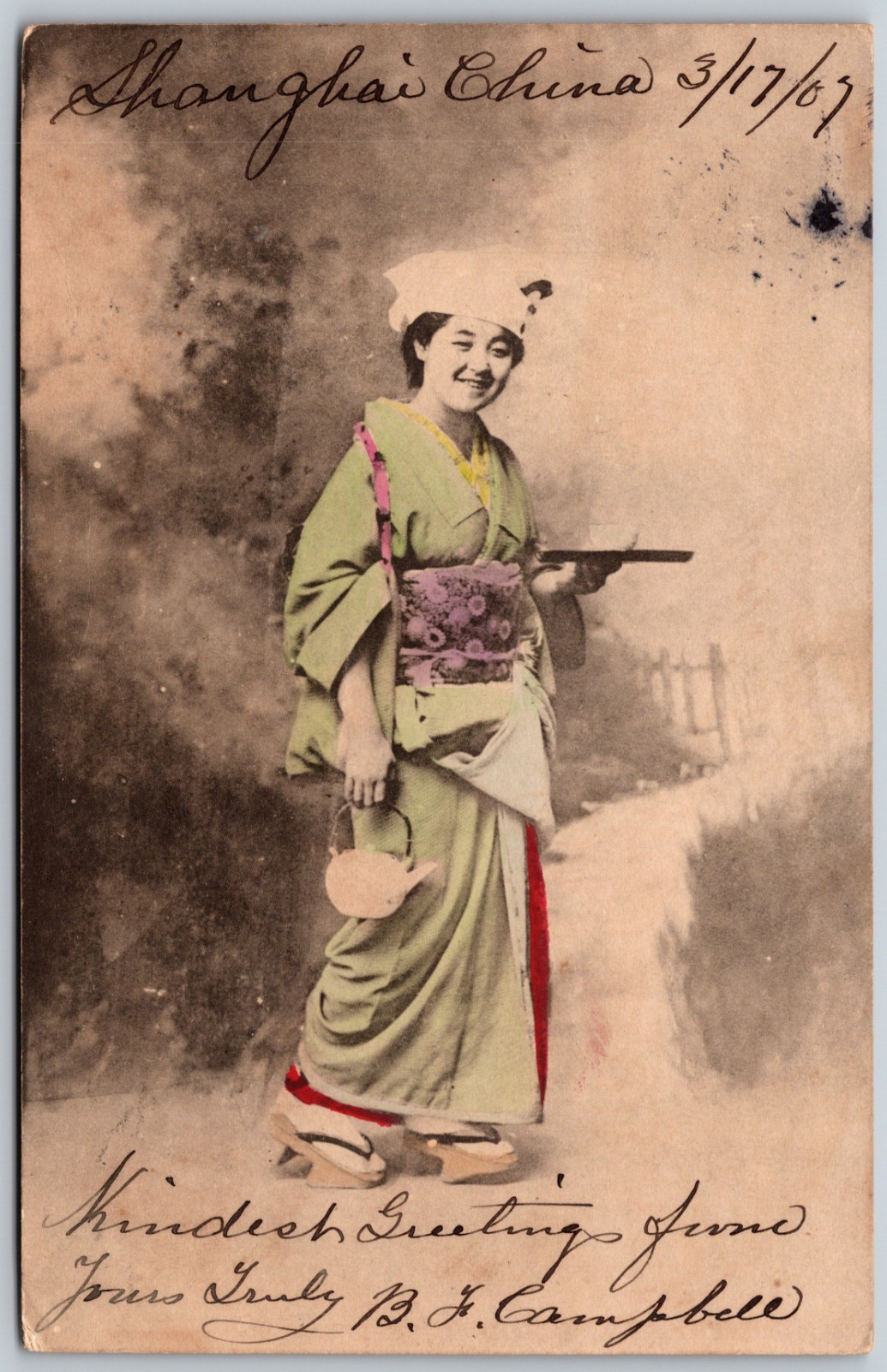 1907 Woman in Kimono w/ Teapot Shanghai China Rare ANTIQUE Postcard 9839 1907 Woman in Kimono w/ Teapot Shanghai China Rare ANTIQUE Postcard 9839