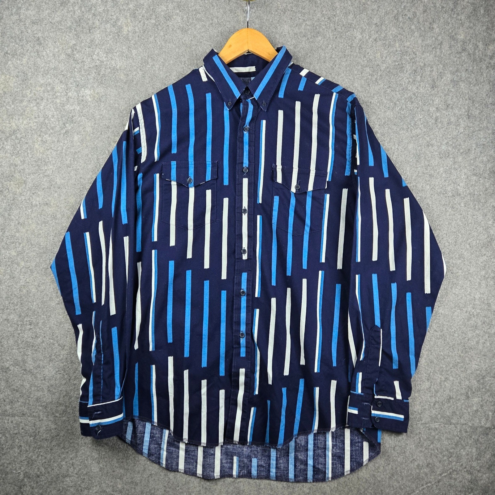 Vintage Wrangler Cowboy Cut Shirt Mens 17.5 36 Blue Striped Western Long Tail