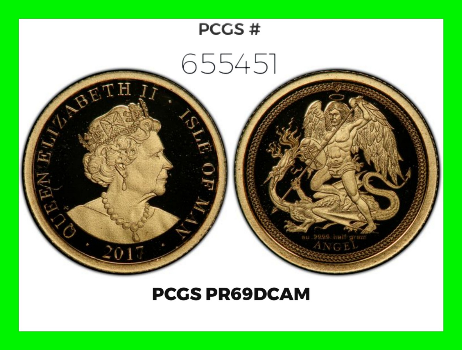 2017 Isle of Man ~ 0.5 Gram Gold Angel ~ Certified PCGS PR69 DCAM - RARE Graded 