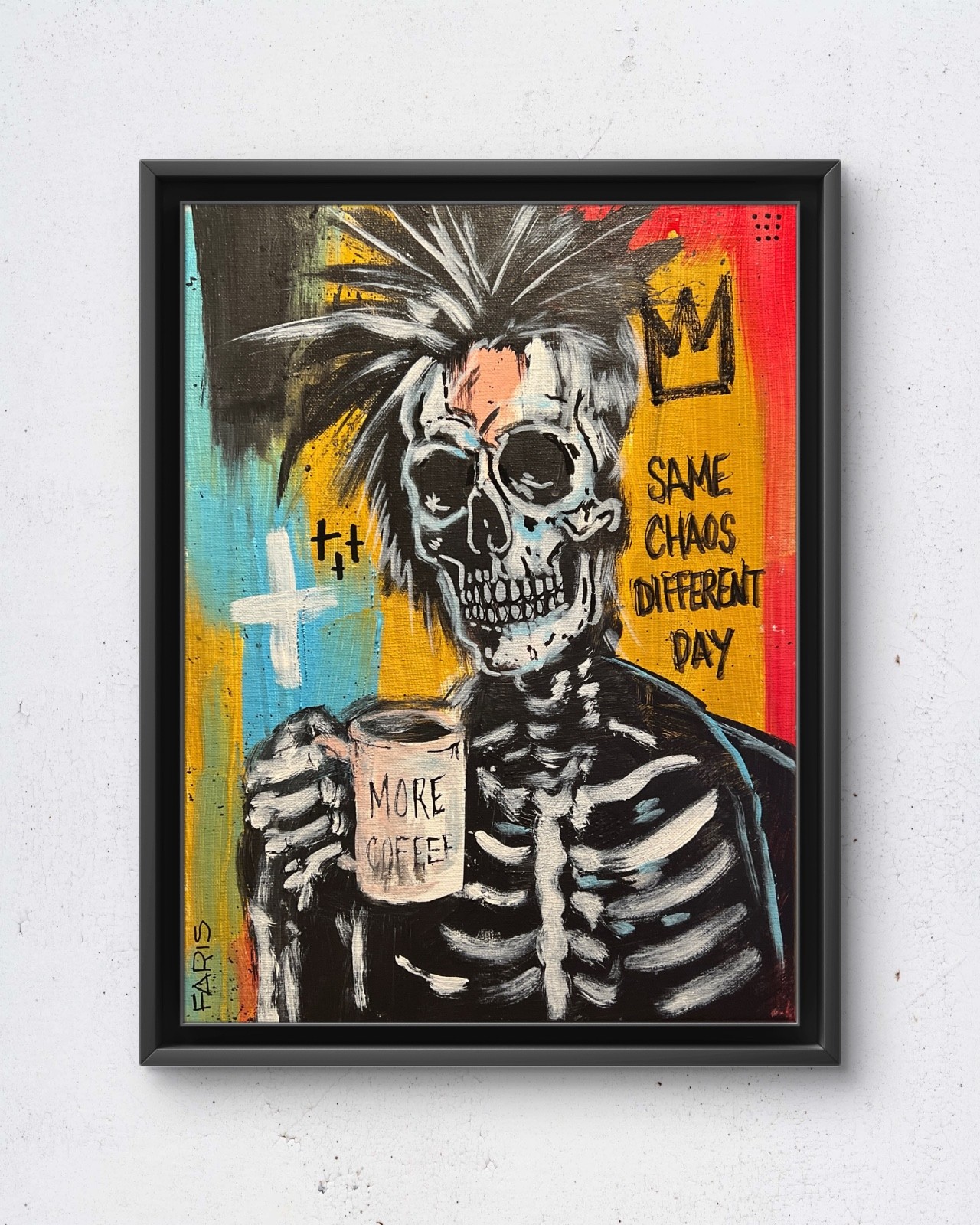 Faris Original 12x16 Expressionist Same Chaos Different Day Skeleton Painting