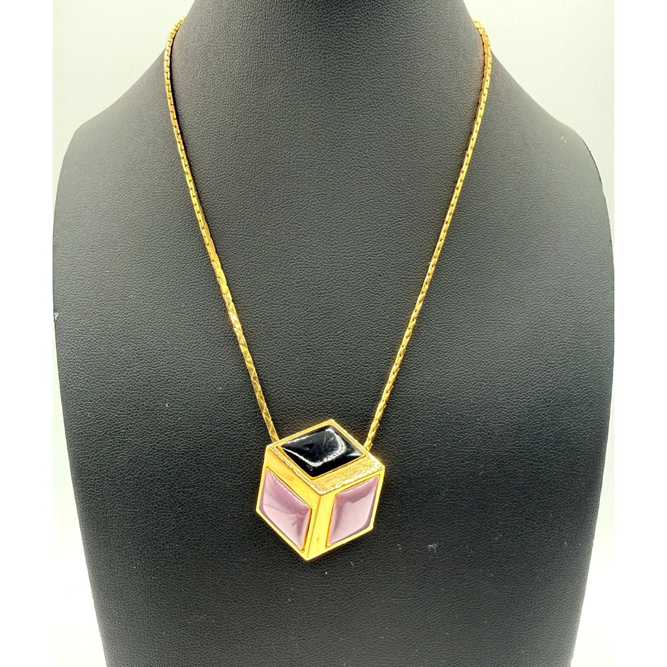 Vintage Givenchy Gold Tone & Enameled 3D Cube Necklace 1980