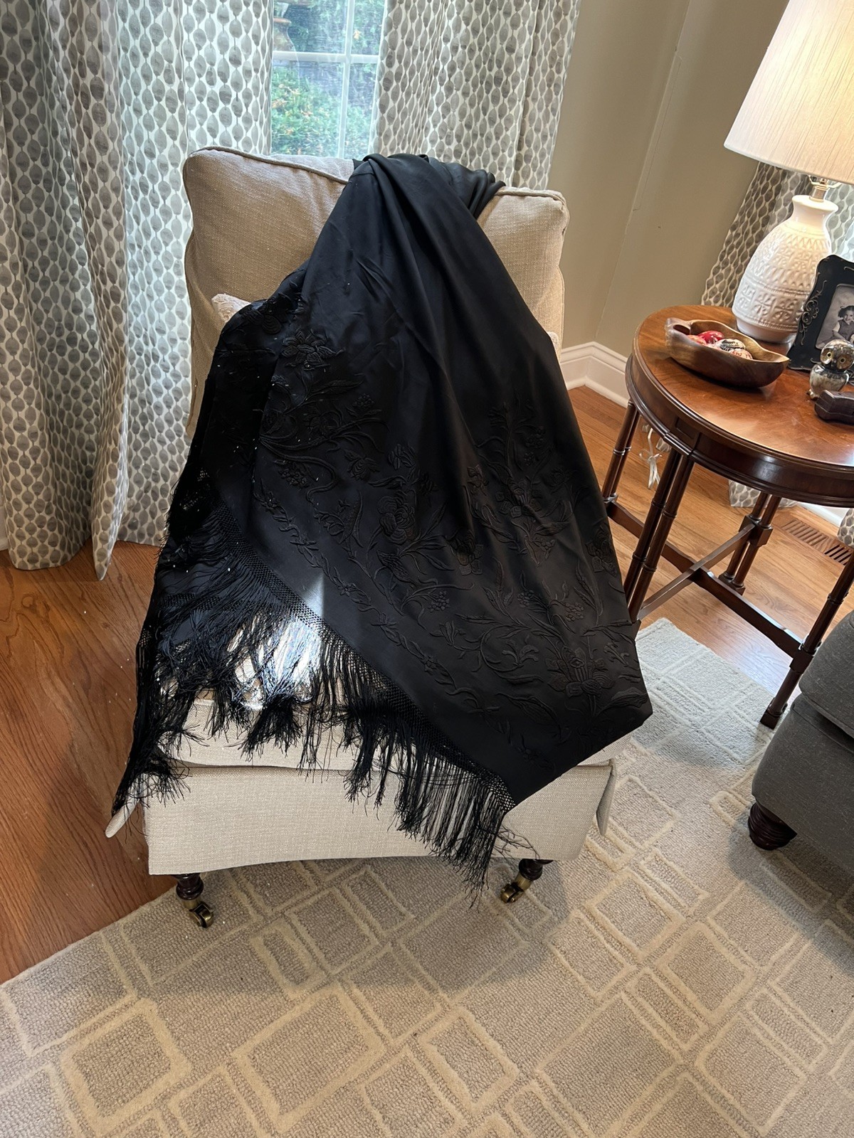 VTG 1930s Large Antique Embroidered Black Flamenco Scarf 100% SILK