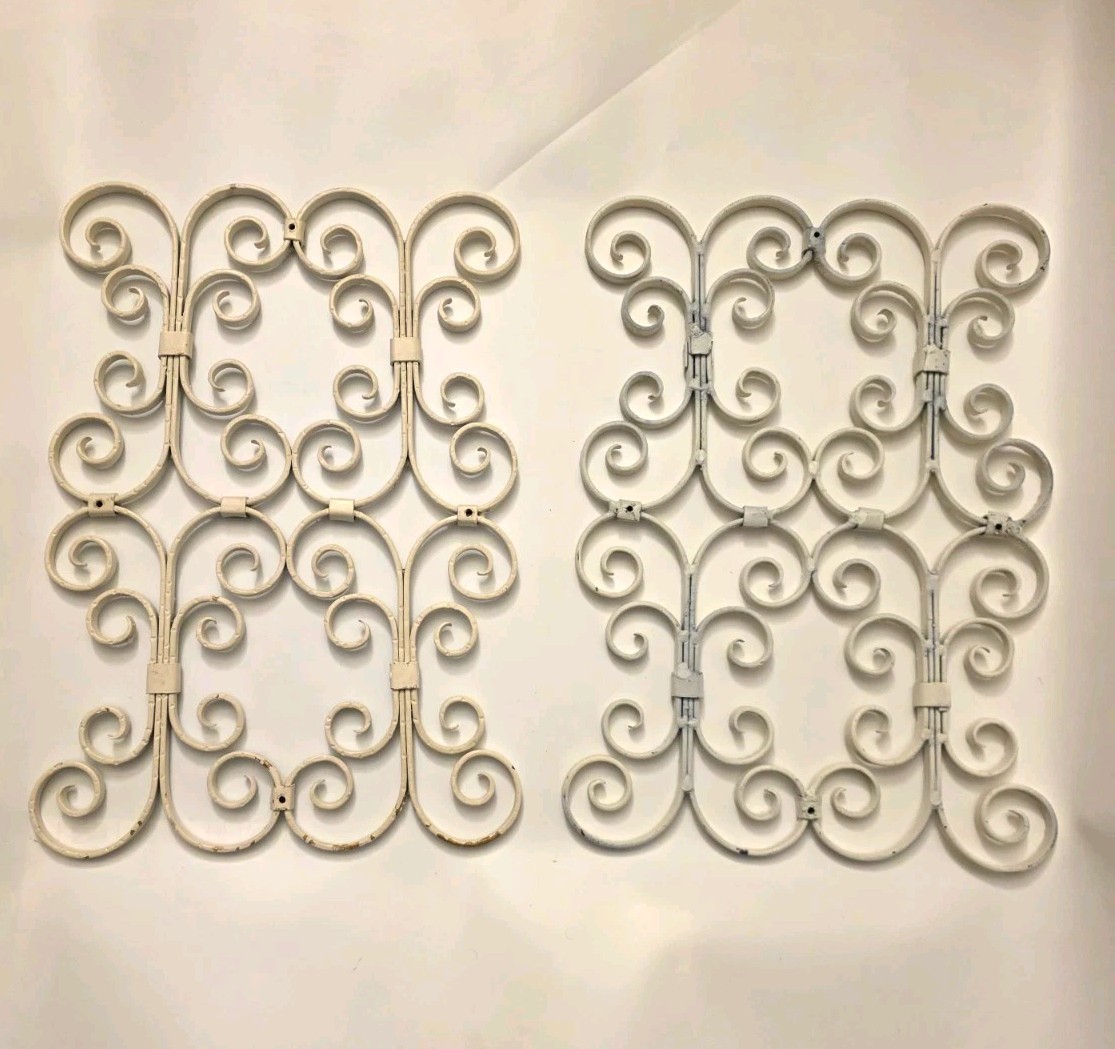 Pair of Vintage Reclaimed Wrought Iron Wall Grilles White 16x11 
