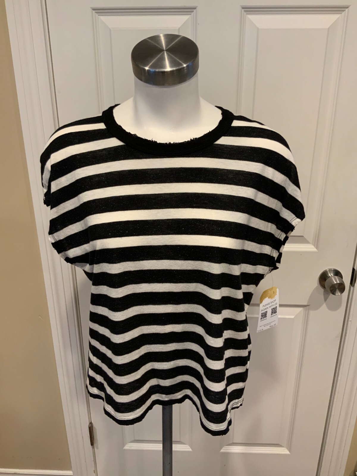R+A Shimmering Black & White Striped Short Sleeve T-Shirt, Size XS