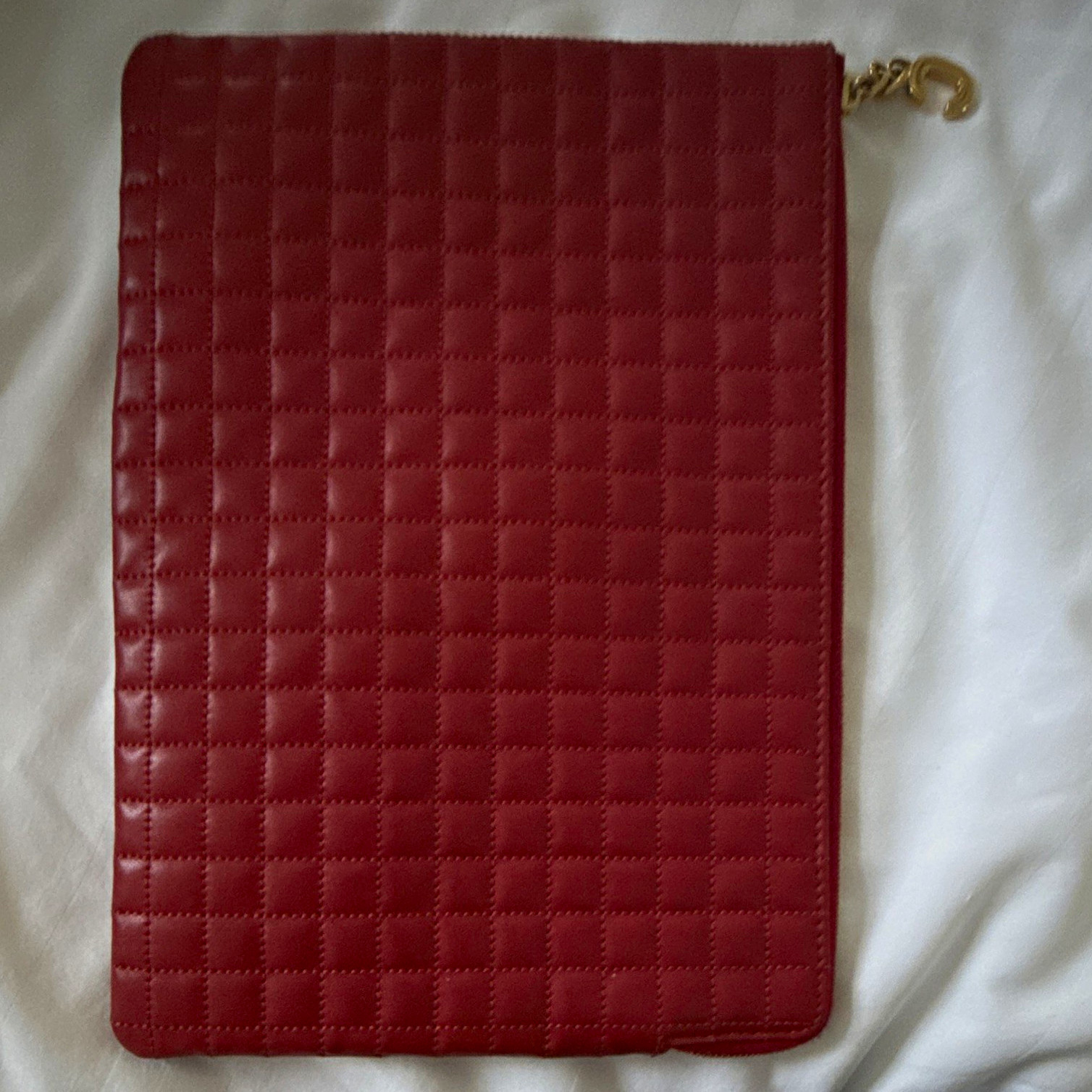 CELINE Red Quilted Zip Clutch Pouch Gold Hardware Wrist Strap C Charm
