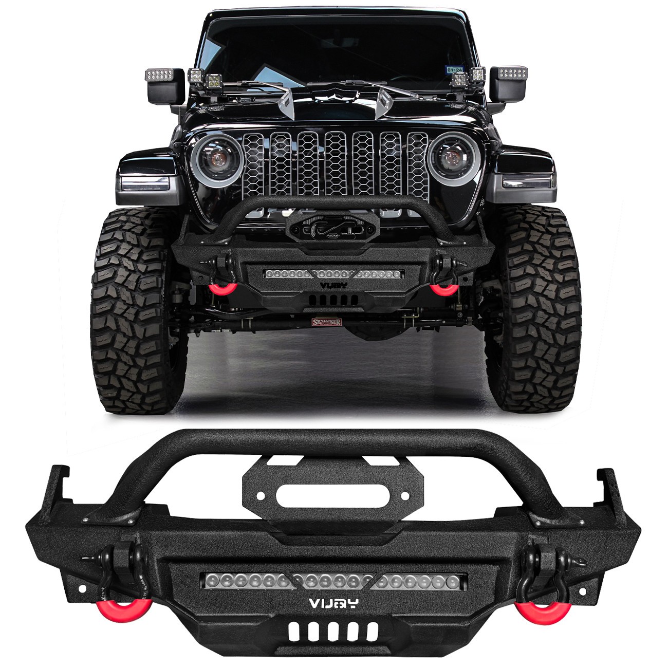 Vijay For 2020-2025 Jeep Gladiator JT Steel Front Bumper with Lights & D-Ring